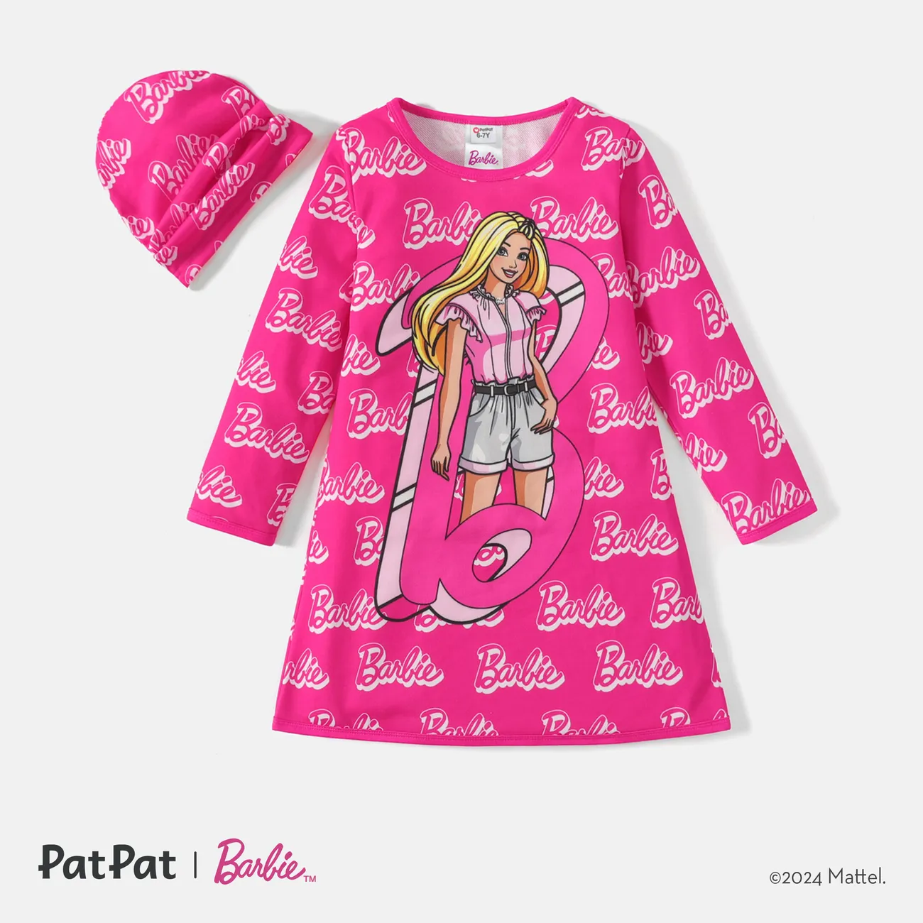 Barbie 2pcs Kid Girl Letter Allover Print Long-sleeve Dress and Cap Set Pink big image 1