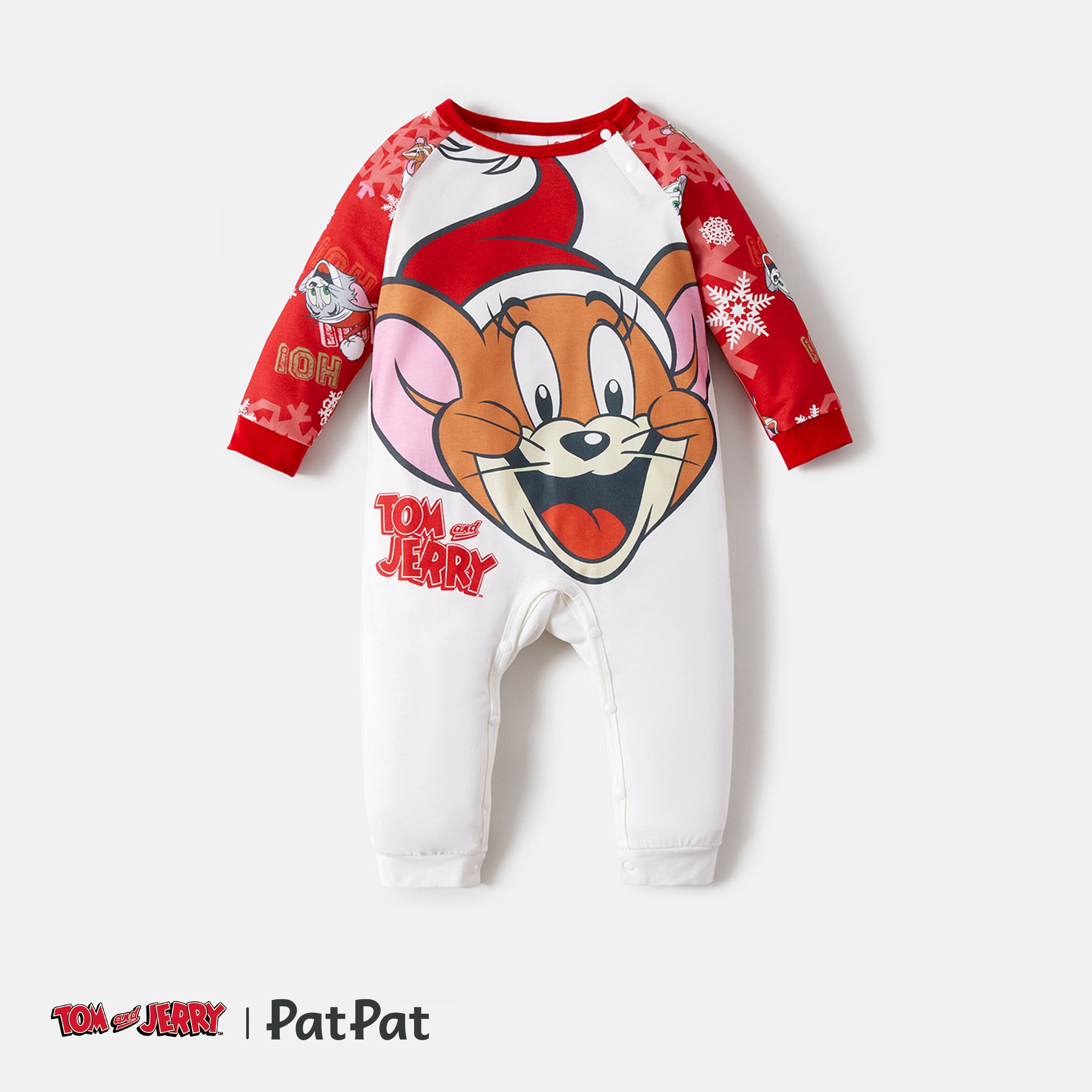 Tom And Jerry Family Matching Red Christmas Graphic Raglan-sleeve Pajamas Sets (Flame Resistant)