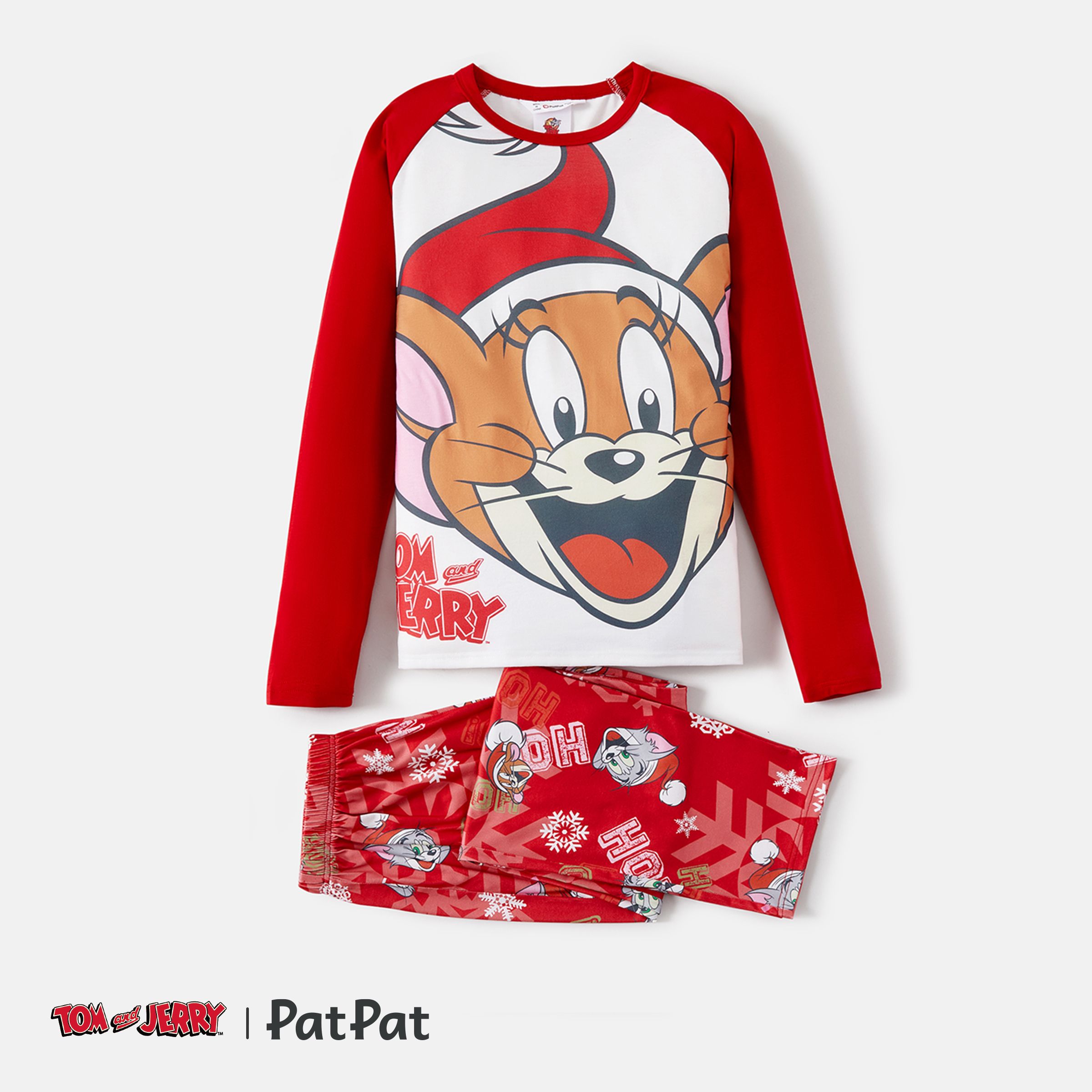 Tom And Jerry Family Matching Red Christmas Graphic Raglan-sleeve Pajamas Sets (Flame Resistant)