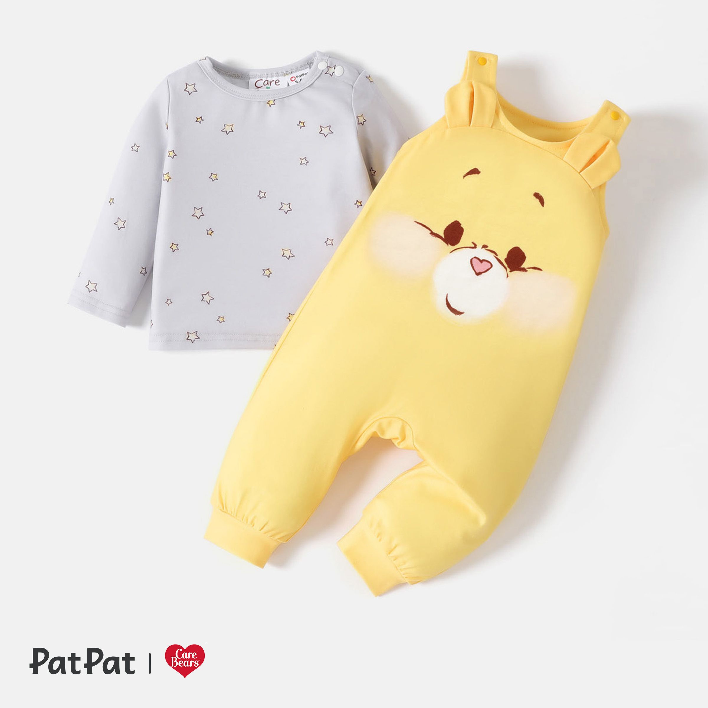 Care Bears 2pcs Baby Boy/Girl Allover Print Long-sleeve T-shirt And Cartoon Graphic Sleeveless Jumpsuit Set