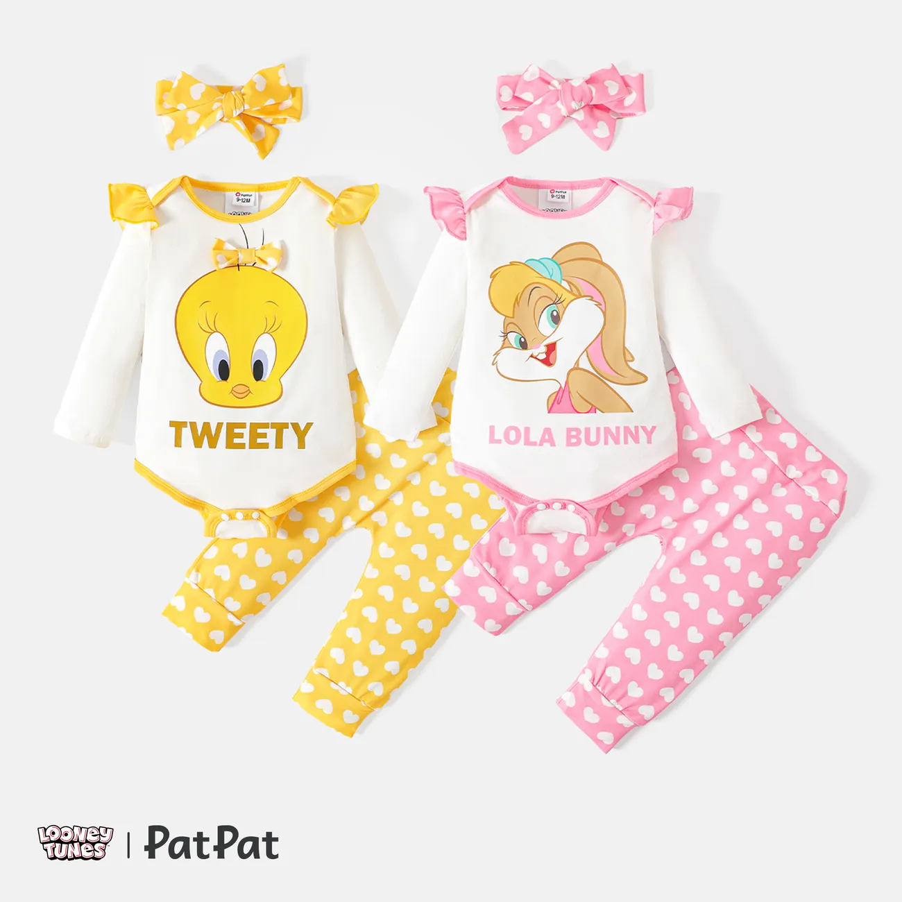 Looney Tunes 3pcs Baby Girl 95% Cotton Ruffle Long-sleeve Graphic Romper and Allover Heart Print Pants with Headband Set Pink big image 1