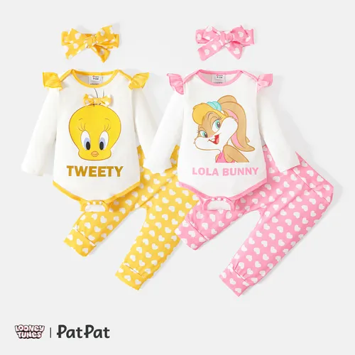Looney Tunes 3pcs Baby Girl 95% Cotton Ruffle Long-sleeve Graphic Romper and Allover Heart Print Pants with Headband Set