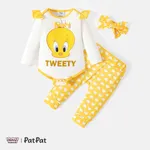 Looney Tunes 3pcs Baby Girl 95% Cotton Ruffle Long-sleeve Graphic Romper and Allover Heart Print Pants with Headband Set Yellow