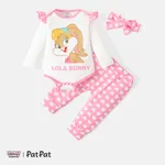 Looney Tunes 3pcs Baby Girl 95% Cotton Ruffle Long-sleeve Graphic Romper and Allover Heart Print Pants with Headband Set Pink