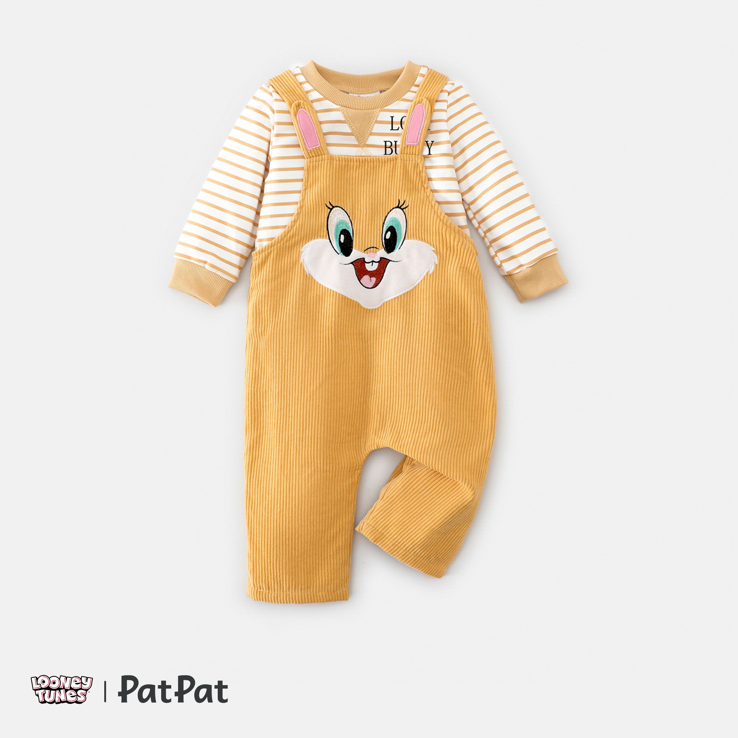 

Looney Tunes 2pcs Baby Boy/Girl Rabbit Graphic Corduroy Overalls and Long-sleeve Striped Sweatshirt Set