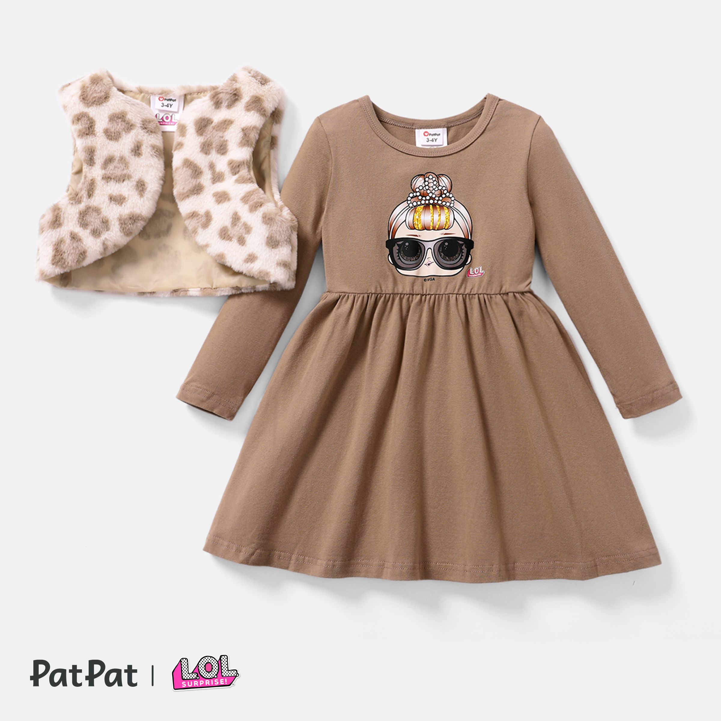L.O.L. SURPRISE! 2pcs Toddler Girl Character Print Dress And Leopard Fleece Vest Set