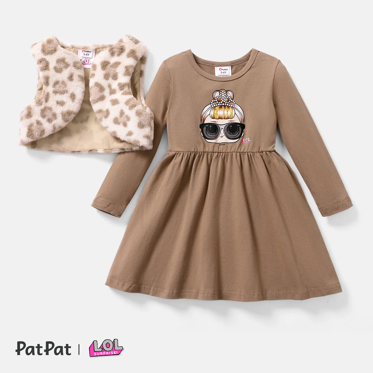 L.O.L. SURPRISE! 2pcs Toddler Girl Character Print Dress and Leopard Fleece Vest Set Brown big image 1