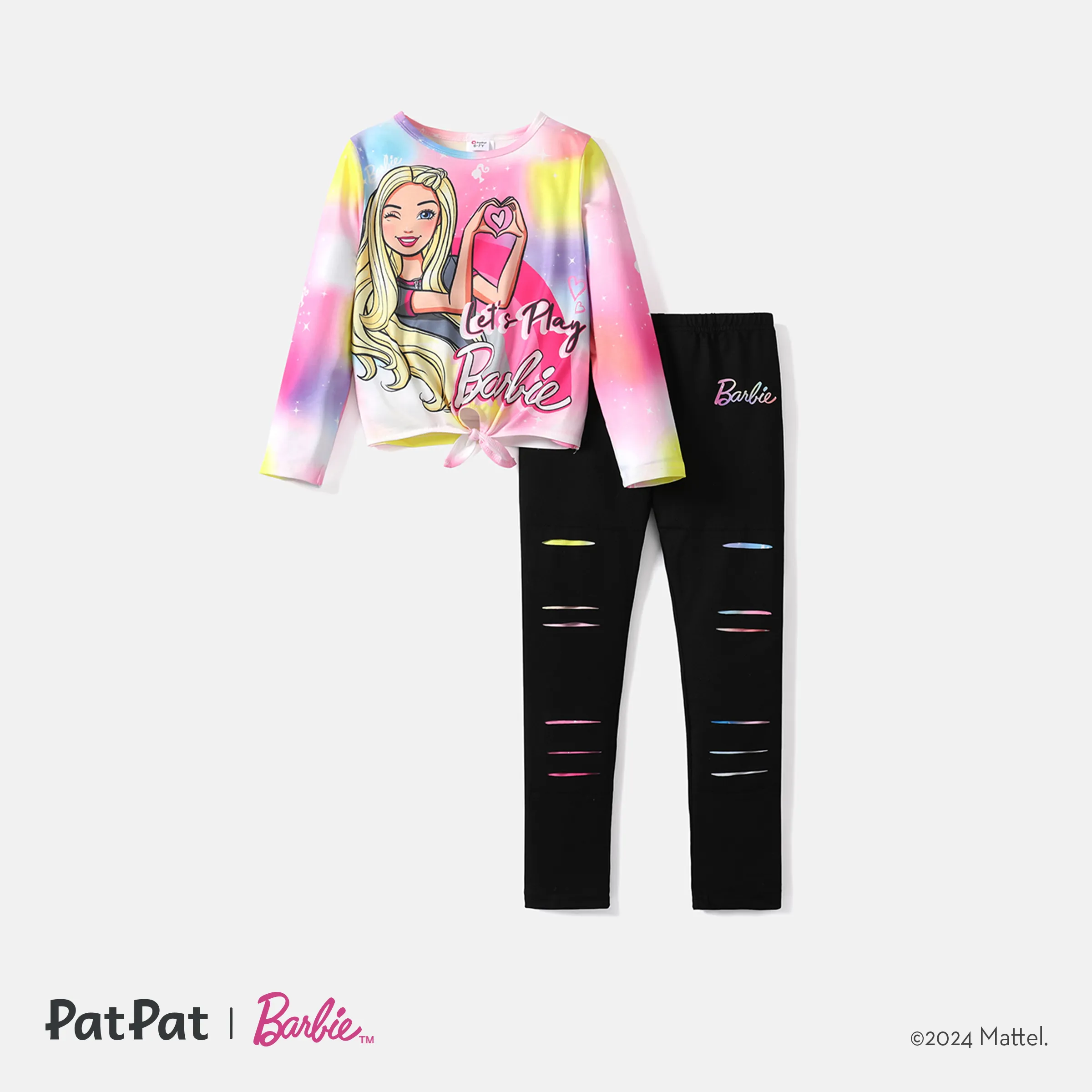 Barbie 2pcs Kid Girl Tie Knot Long-sleeve Tee and Ripped Skinny Pants Set