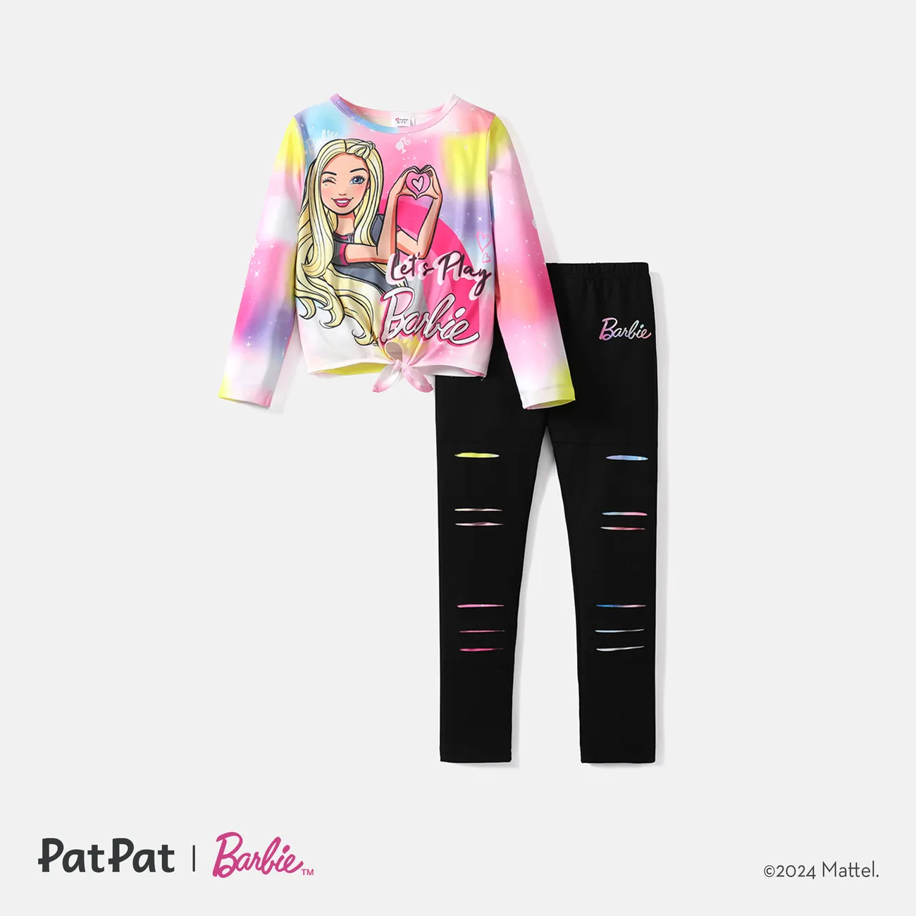 Barbie 2pcs Kid Girl Tie Knot Long-sleeve Tee and Ripped Skinny Pants Set Multi-color big image 1