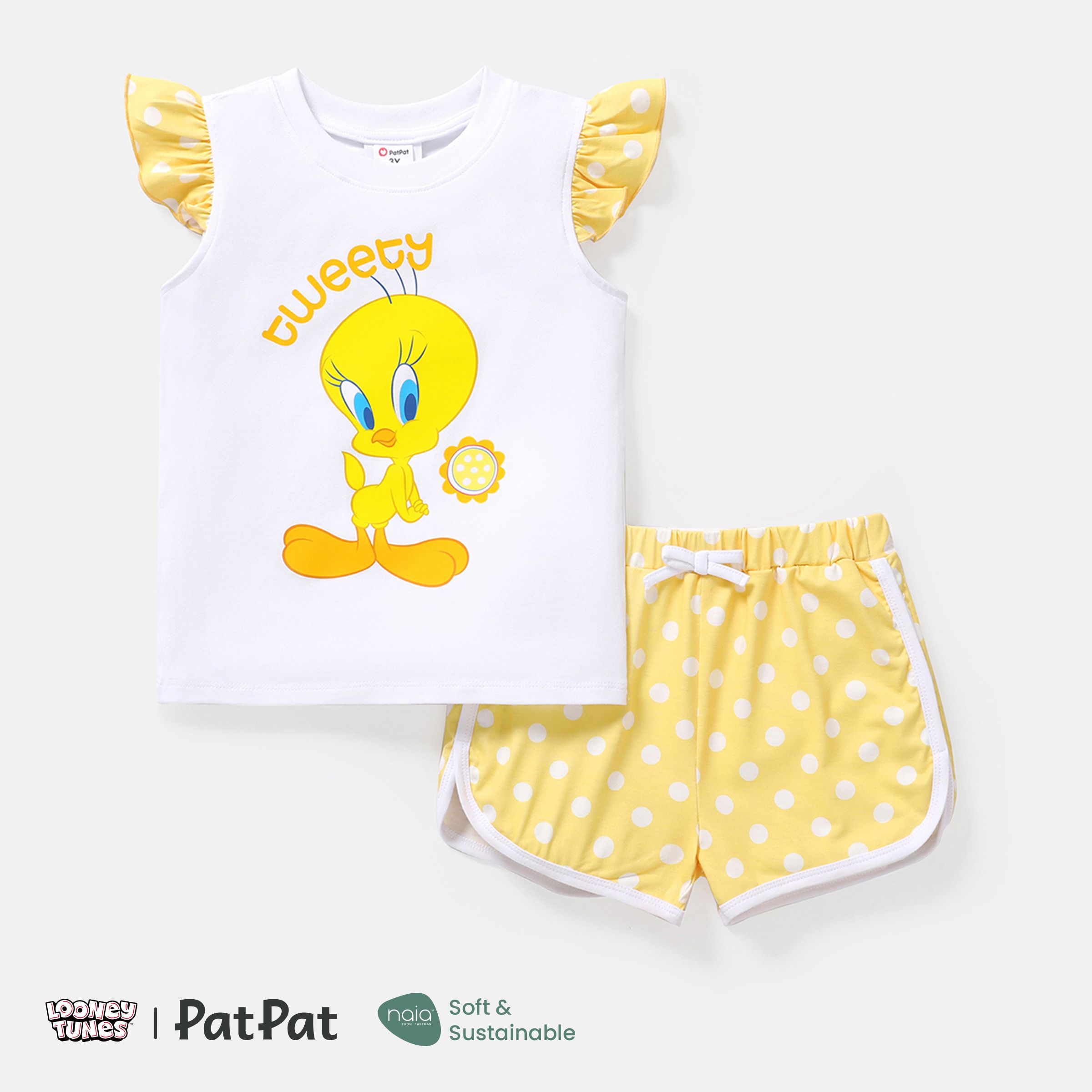 

Looney Tunes 2pcs Toddler Girl Cotton Flutter-sleeve Tee and Naia Polka dots Shorts Set