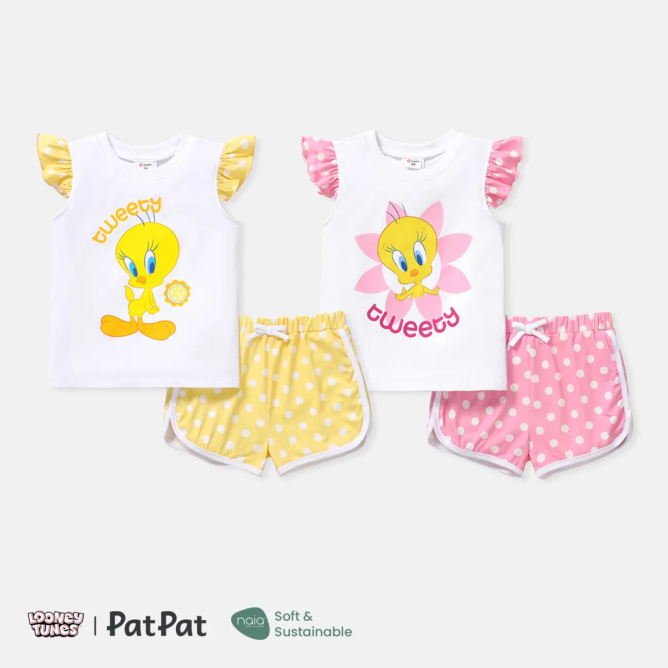 Looney Tunes 2pcs Toddler Girl Cotton Flutter-sleeve Tee and Naia Polka dots Shorts Set PinkyWhite big image 1