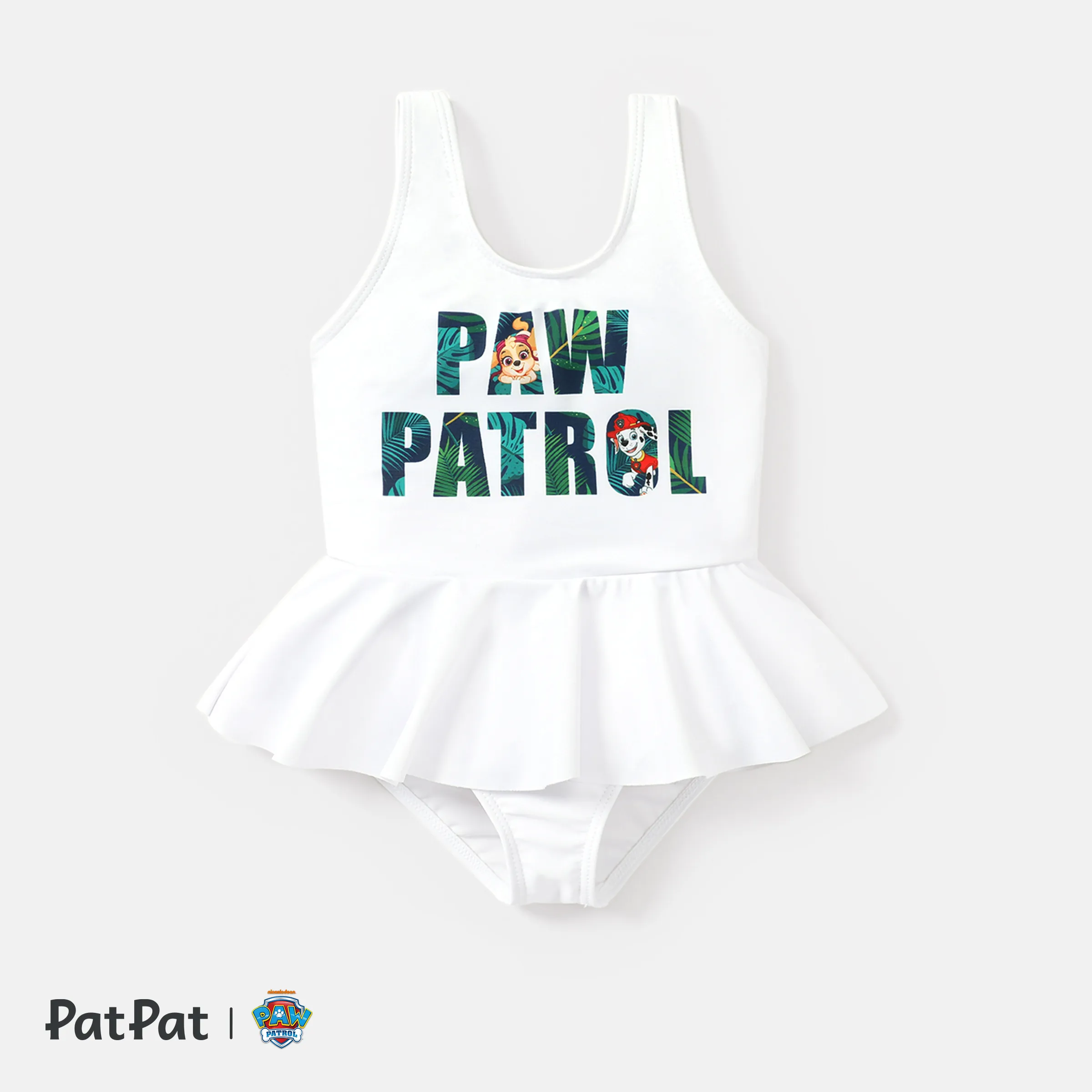 PAW Patrol Sibling Matching Letter Graphic Ruffle Trim One-Piece Swimsuit And Allover Plant Print Swim Trunks