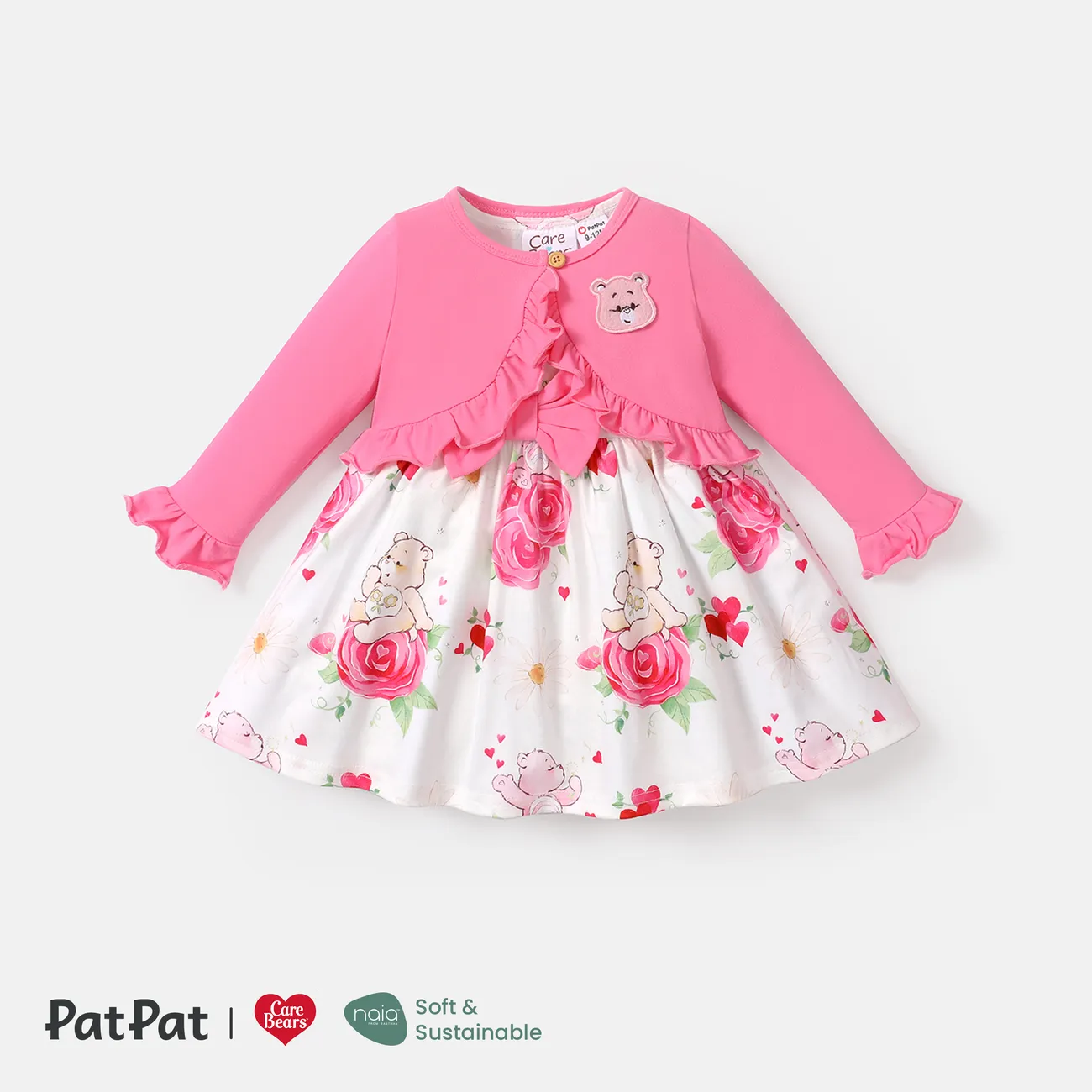Care Bears 2-teiliges Baby-/Kleinkind-Mädchen-Baumwoll-Langarm-Strickjacke mit Rüschenbesatz und Tankkleid-Set mit Blumendruck rosa big image 1