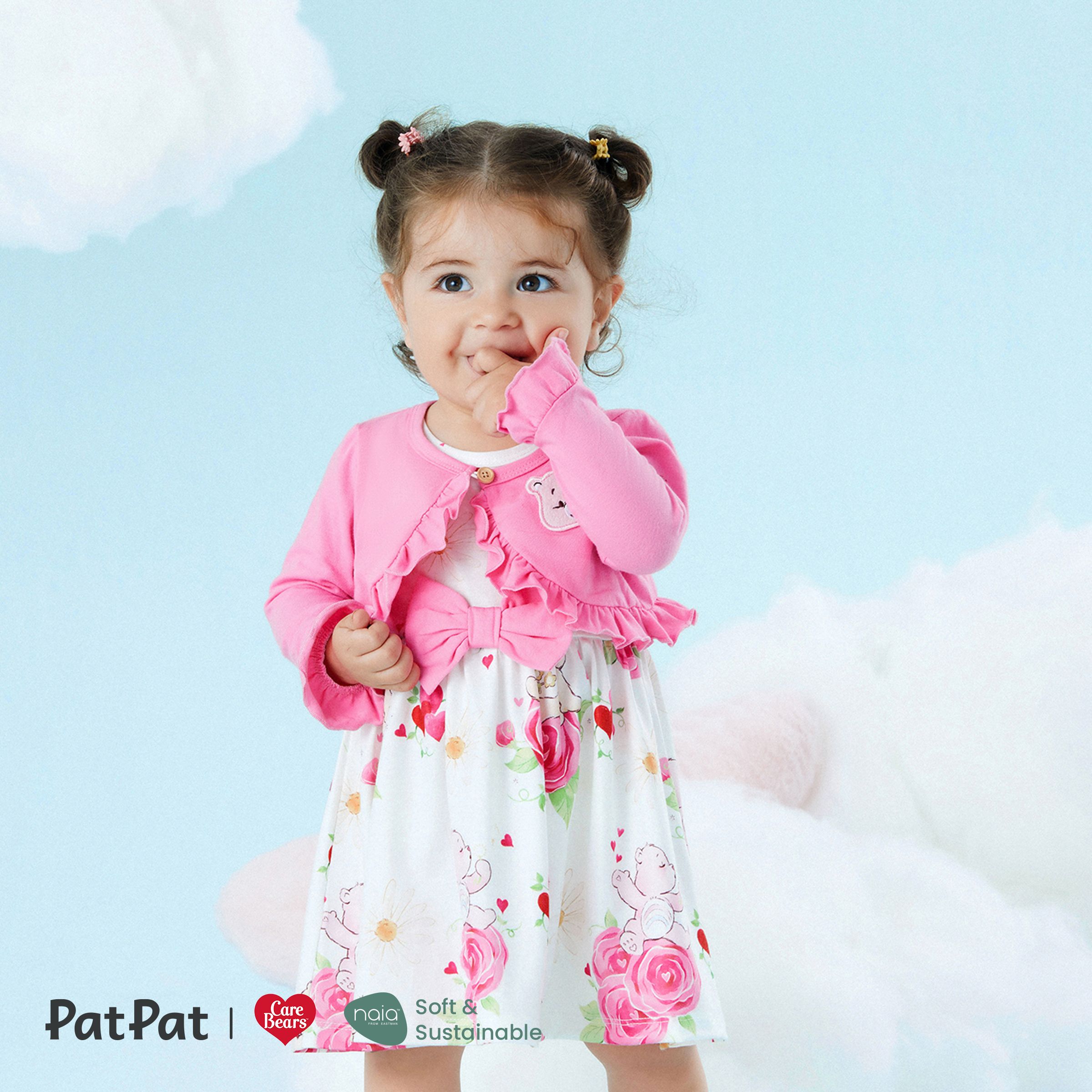 Care Bears 2pcs Baby/Toddler Girl Cotton Long-sleeve Ruffle Trim Cardigan And Floral Print Tank Dress Set