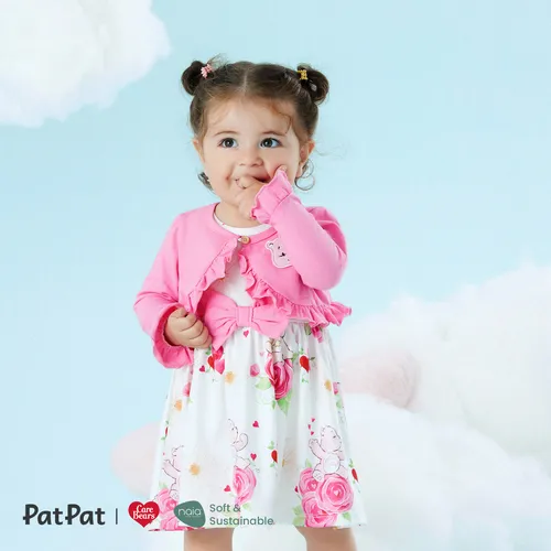 Care bears 2pcs bebé / niña pequeña de algodón de manga larga con volantes y conjunto de vestido sin mangas con estampado floral