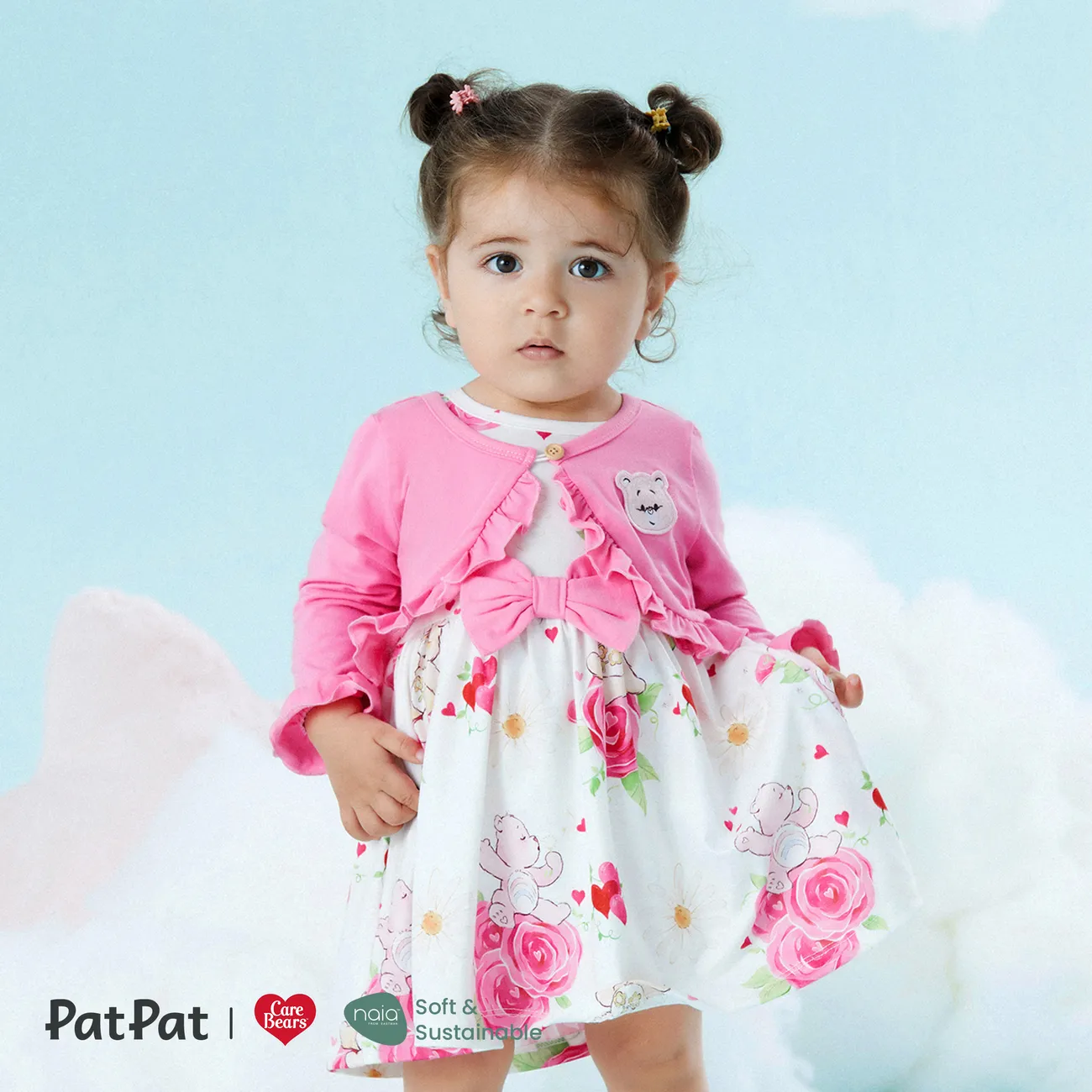 Care Bears 2pcs Baby/Toddler Girl Cotton Long-sleeve Ruffle Trim Cardigan and Floral Print Tank Dress Set Pink big image 1