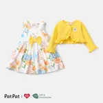 Care Bears 2pcs Baby/Toddler Girl Cotton Long-sleeve Ruffle Trim Cardigan and Floral Print Tank Dress Set Yellow