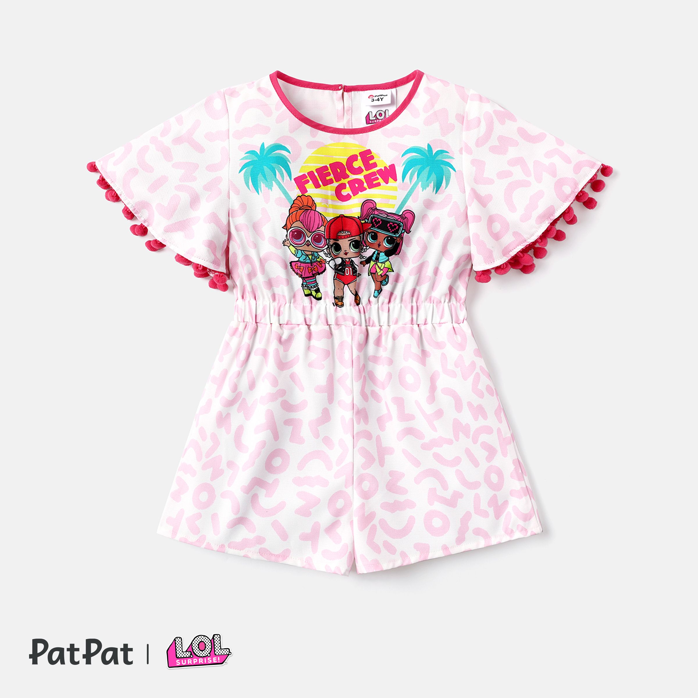 L.O.L. SURPRISE ! Toddler / Kid Girl Character & Leopard Print Pom Pom Decor Puff Sleeve Romper