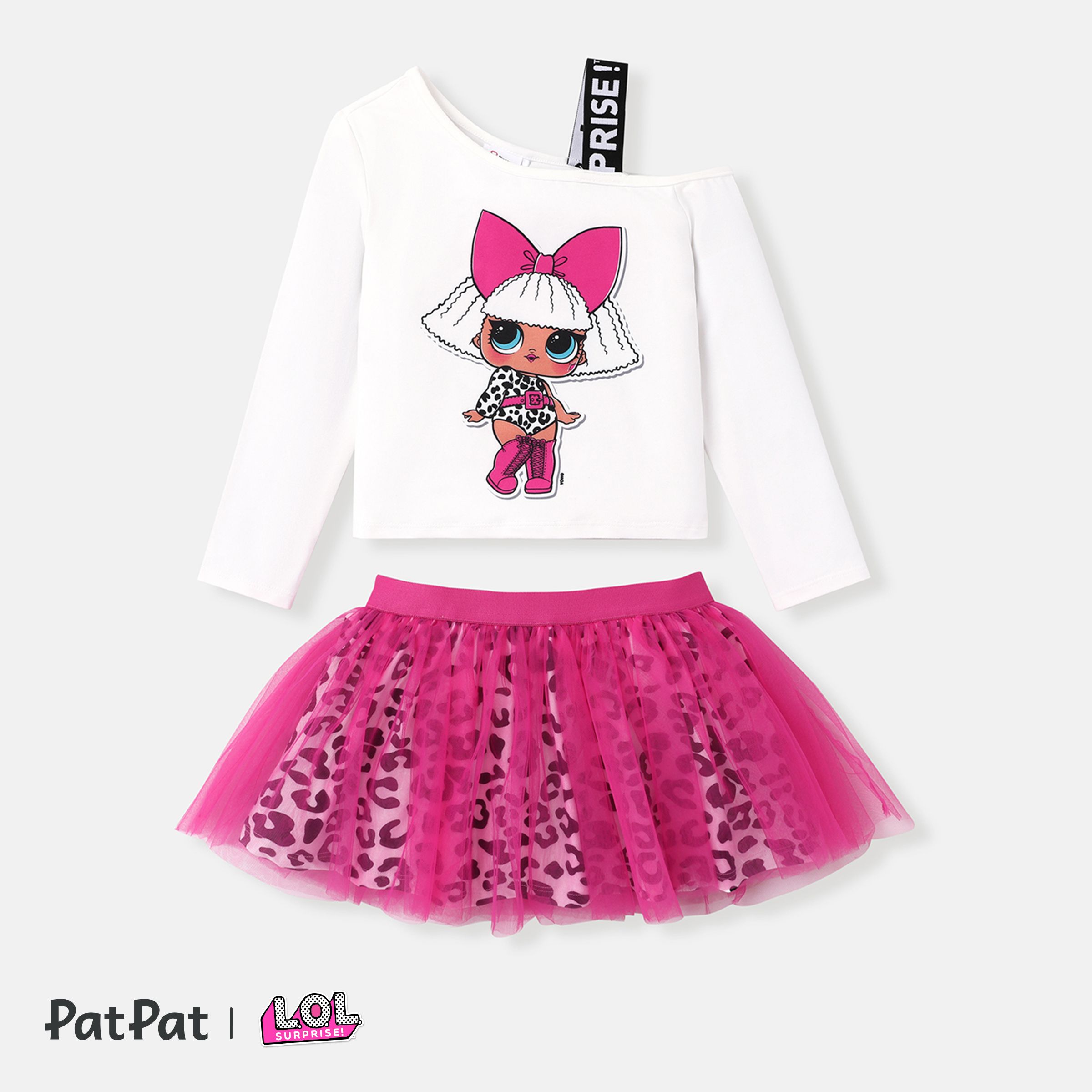 L.O.L. SURPRISE ! Toddler Girl 2pcs Character Print Manches Longues One-Shoulder Top Et Leopard Pattern Mesh Skirt Set