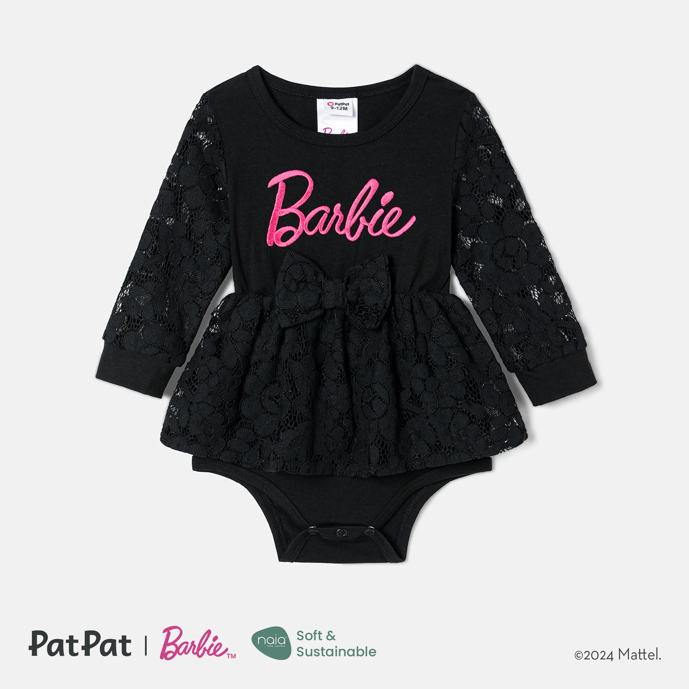 Barbie Sibling Matching Letter Embroidered Guipure Lace Panel Long-sleeve Skirt Set And Bodysuit Dress