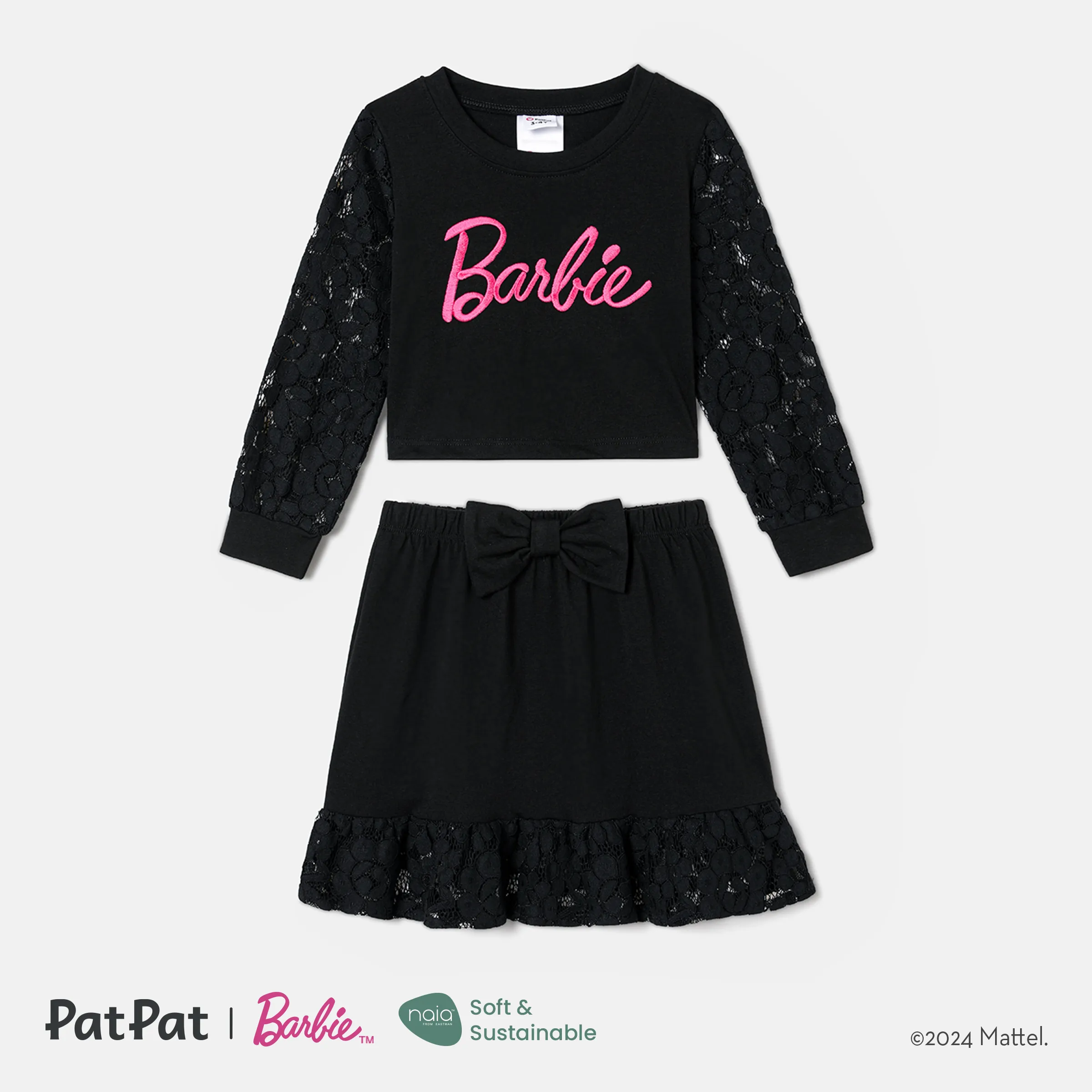 Barbie Sibling Matching Letter Embroidered Guipure Lace Panel Long-sleeve Skirt Set And Bodysuit Dress
