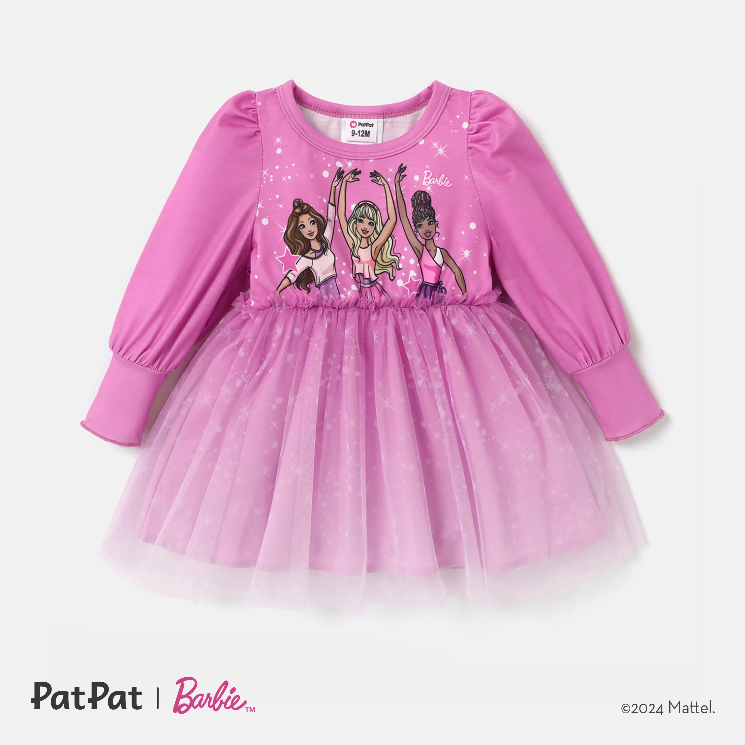 Barbie Baby/Toddler Girl Figure Print Long-sleeve Mesh Panel Dress