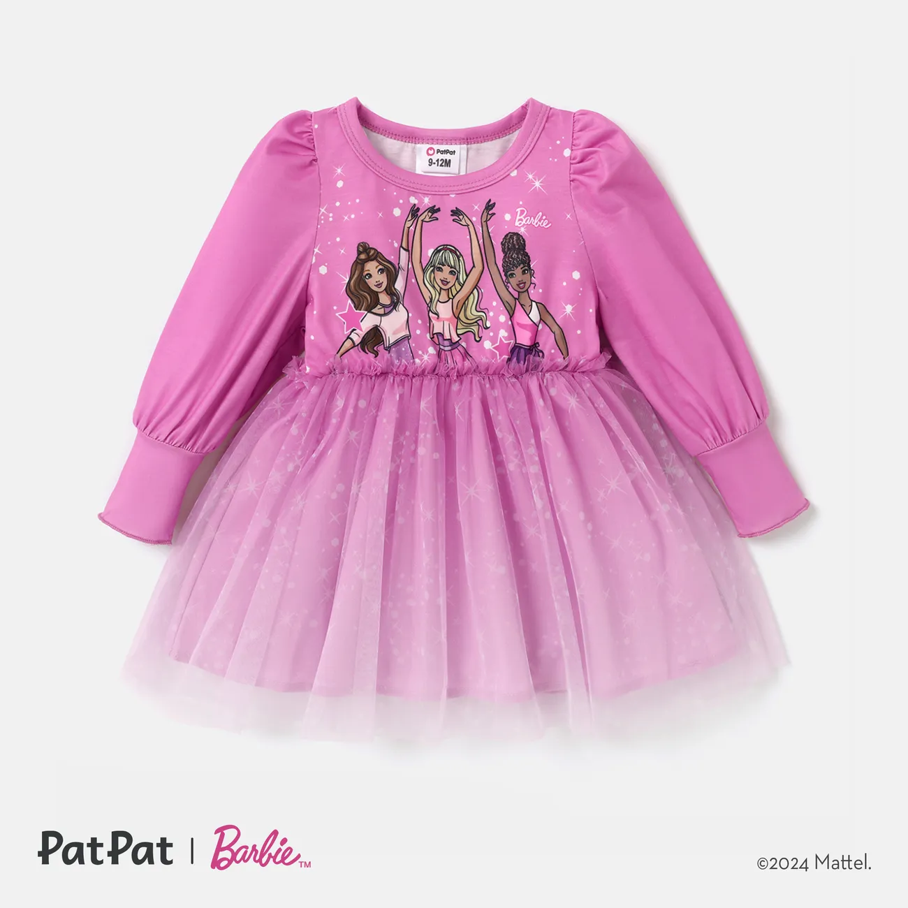 Barbie Baby/Toddler Girl Figure Print Long-sleeve Mesh Panel Dress Roseo big image 1