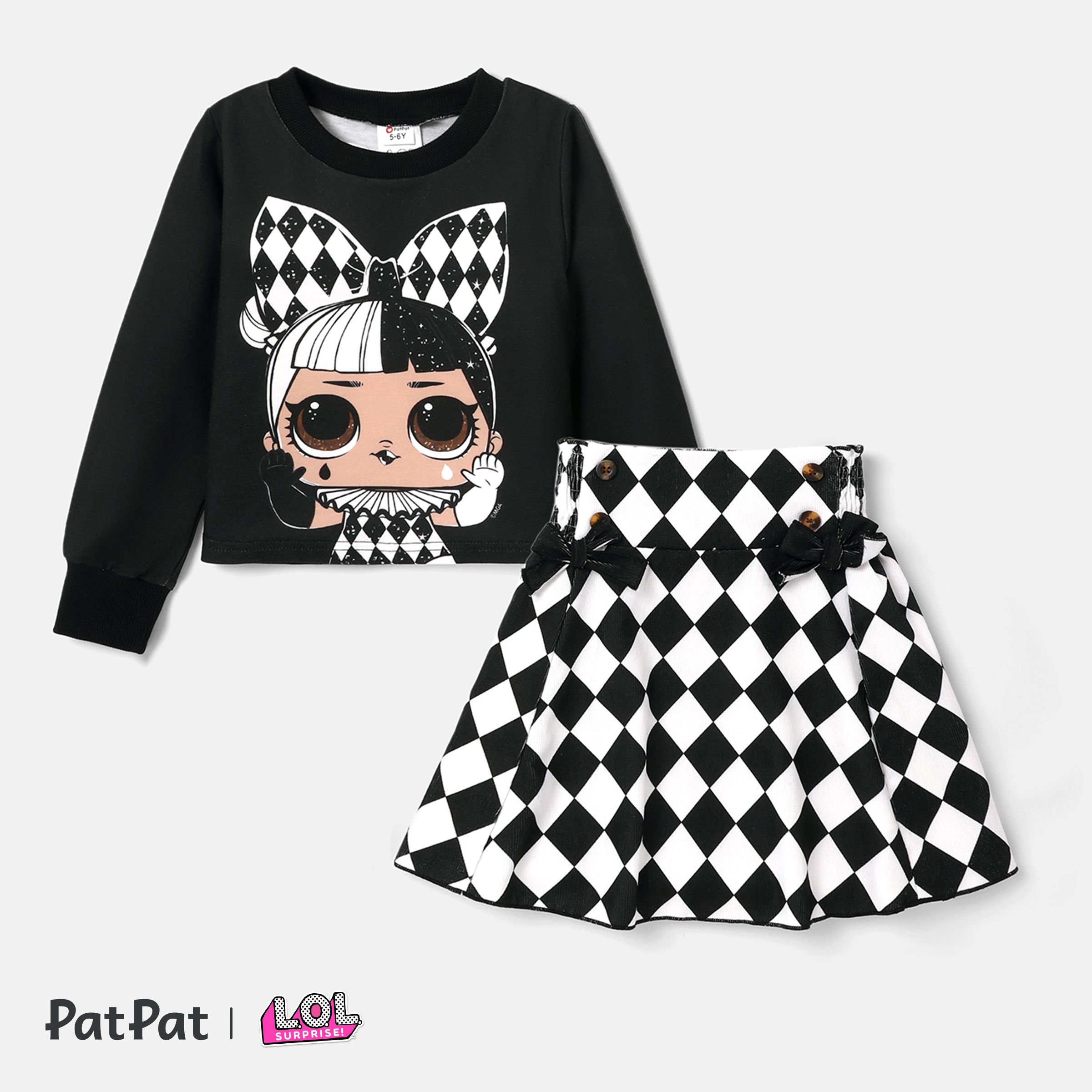 L.O.L. SURPRISE! Kid Girl 2pcs Character Print Long-sleeve Top and Plaid Skirt Set