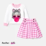 L.O.L. SURPRISE! Kid Girl 2pcs Character Print Long-sleeve Top and Plaid Skirt Set  Light Pink