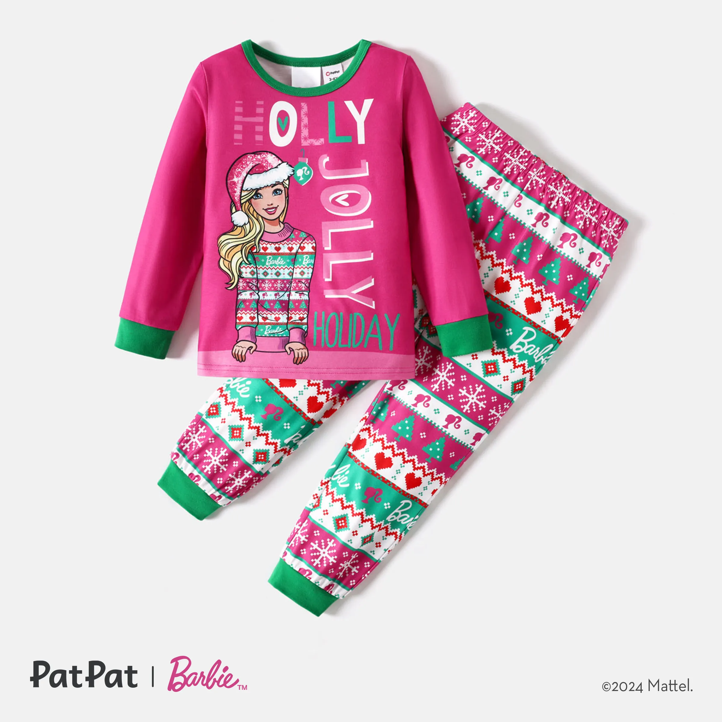 Barbie Christmas Mommy And Me Hot Pink Long-sleeve Graphic Print Pajamas Sets (Flame Resistant)