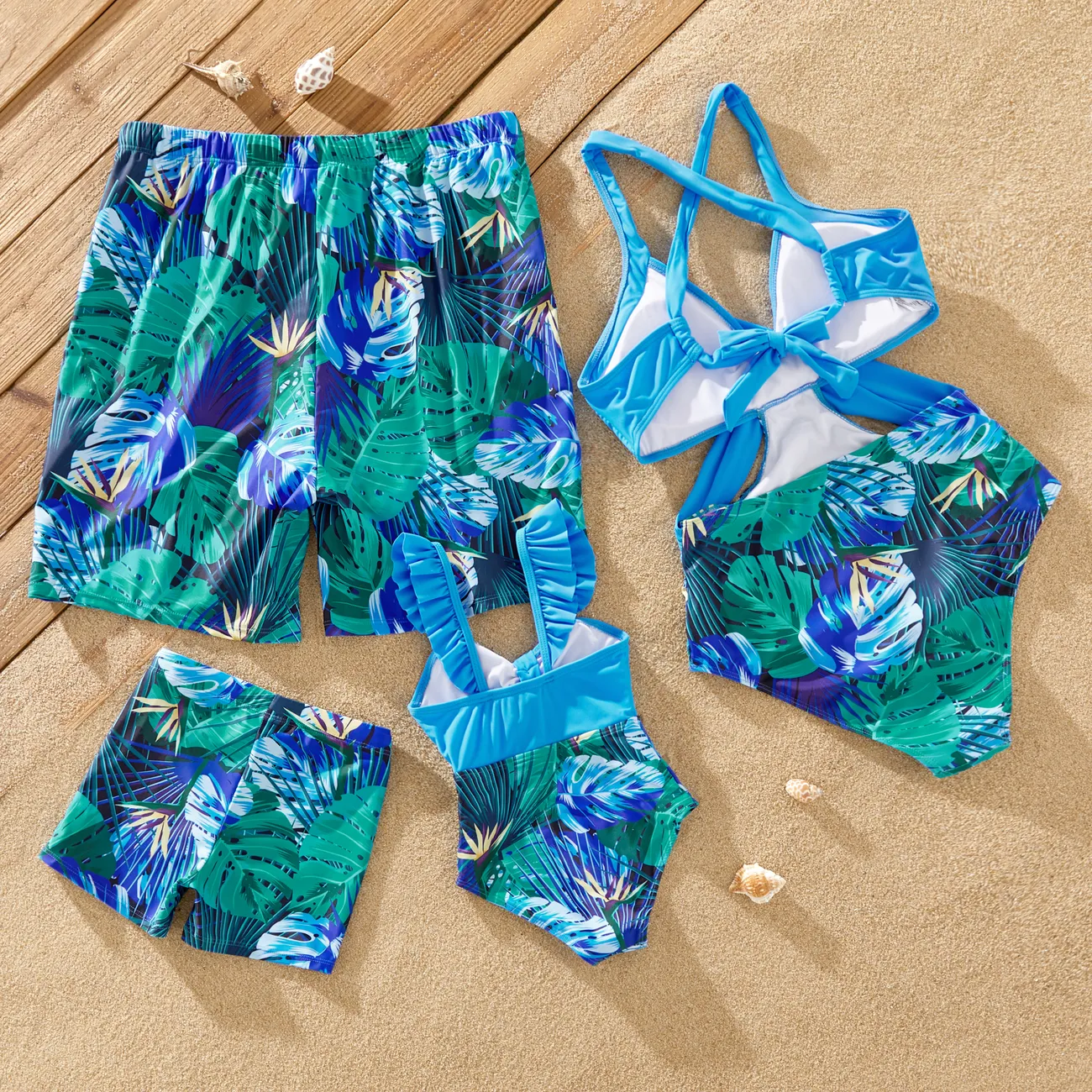 Family Matching Drawstring Swim Trunks or Crisscross Ruched One-Piece Strap Swimsuit Blue big image 1