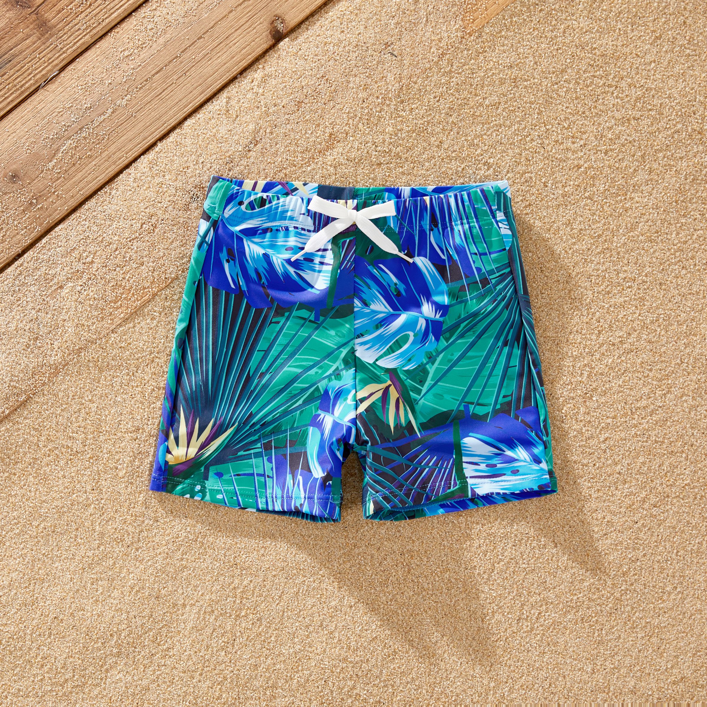 Family Matching Drawstring Swim Trunks or Crisscross Ruched One-Piece Strap Swimsuit
