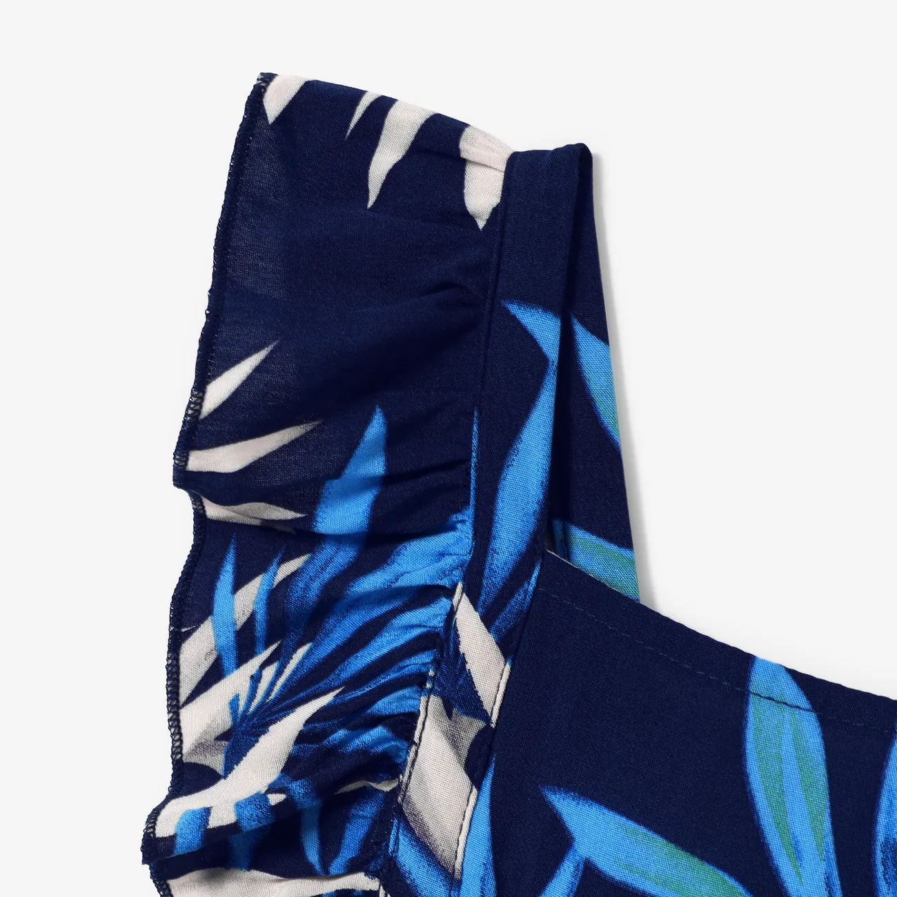 Family Matching Leaf Print Beach Shirt and High Neck Halter A-Line Maxi Dress Sets Deep Blue big image 1