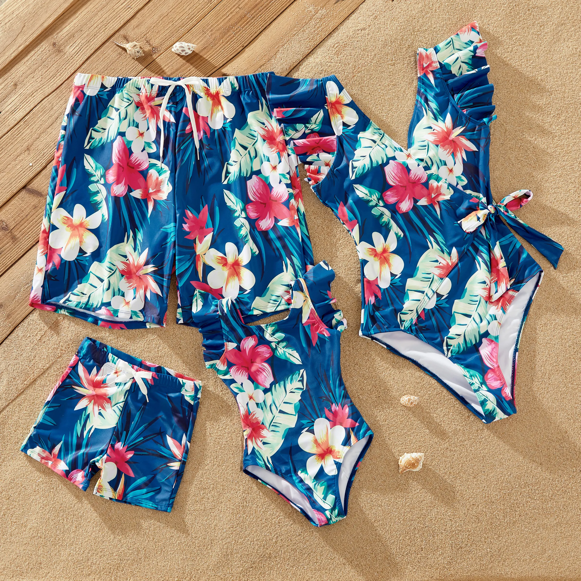 

Family Matching Floral Drawstring Swim Trunks or Flutter Sleeves Knot Side One-piece Swimsuit