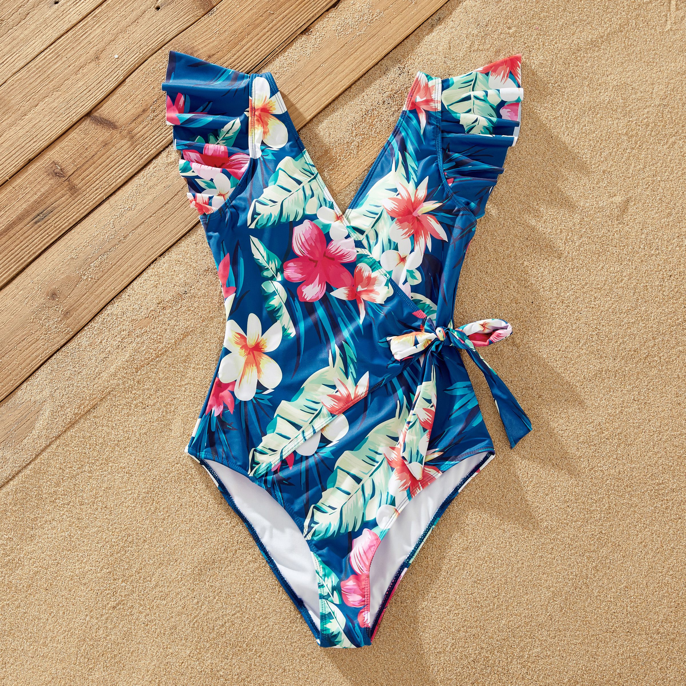

Family Matching Floral Drawstring Swim Trunks or Flutter Sleeves Knot Side One-piece Swimsuit