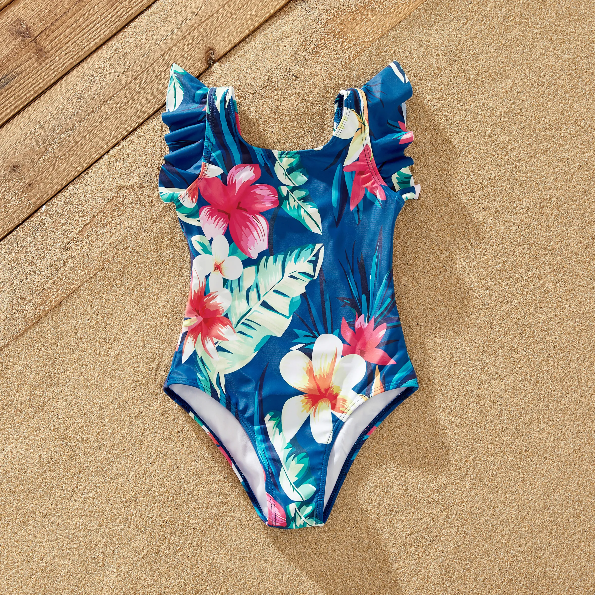 Family Matching Floral Drawstring Swim Trunks or Flutter Sleeves Knot Side One-piece Swimsuit