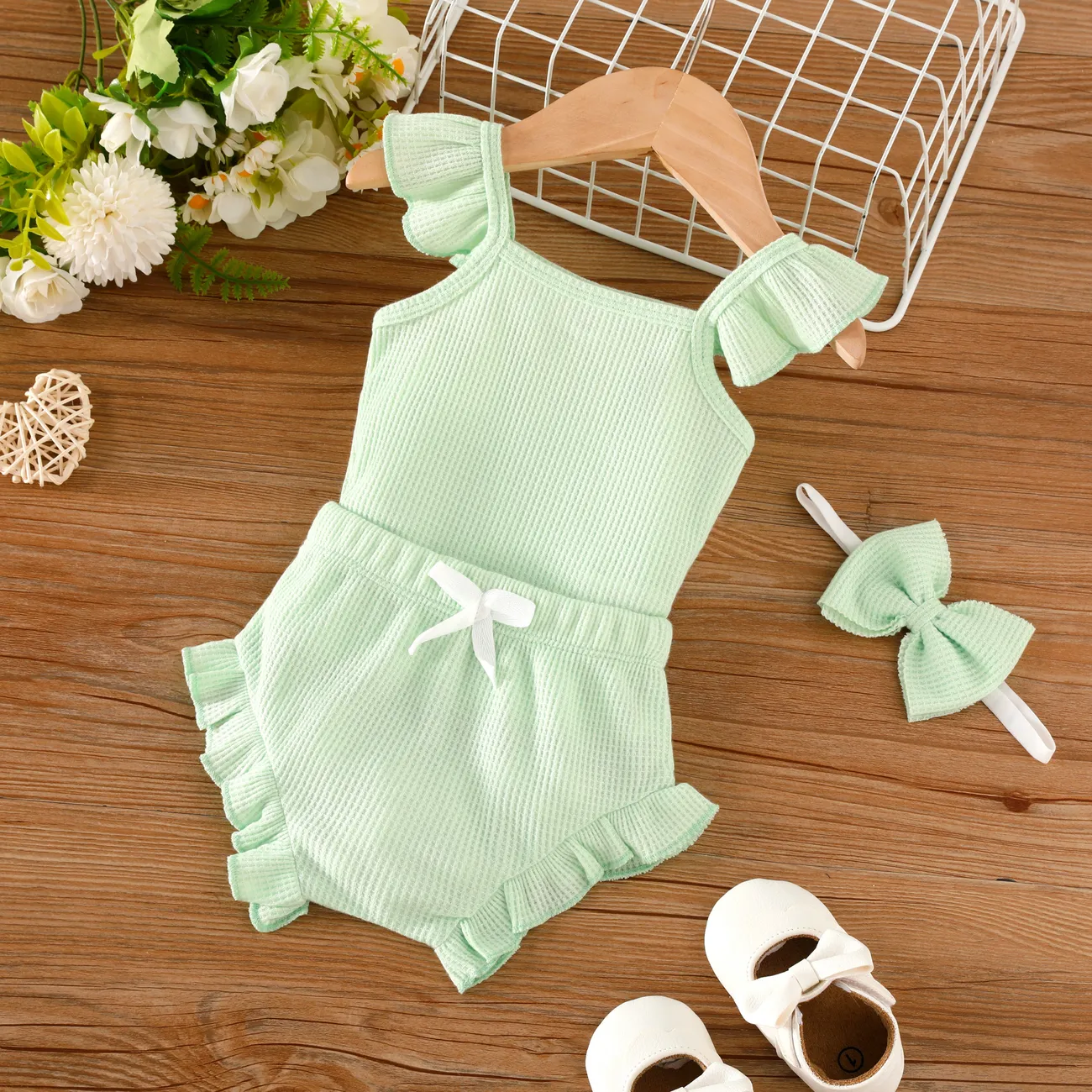  3pcs Baby Girl Sweet Ruffle Edge Top and Shorts Set Light Green big image 1