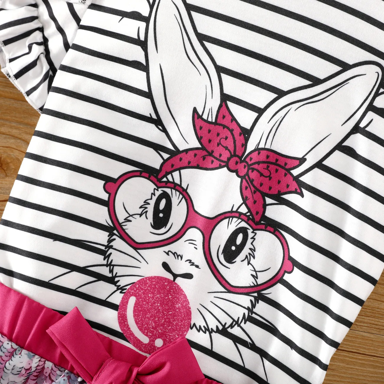  2pcs Kid Girls Animal Pattern Bunny Ruffle Edge Top and Dress Suit  Pink big image 1