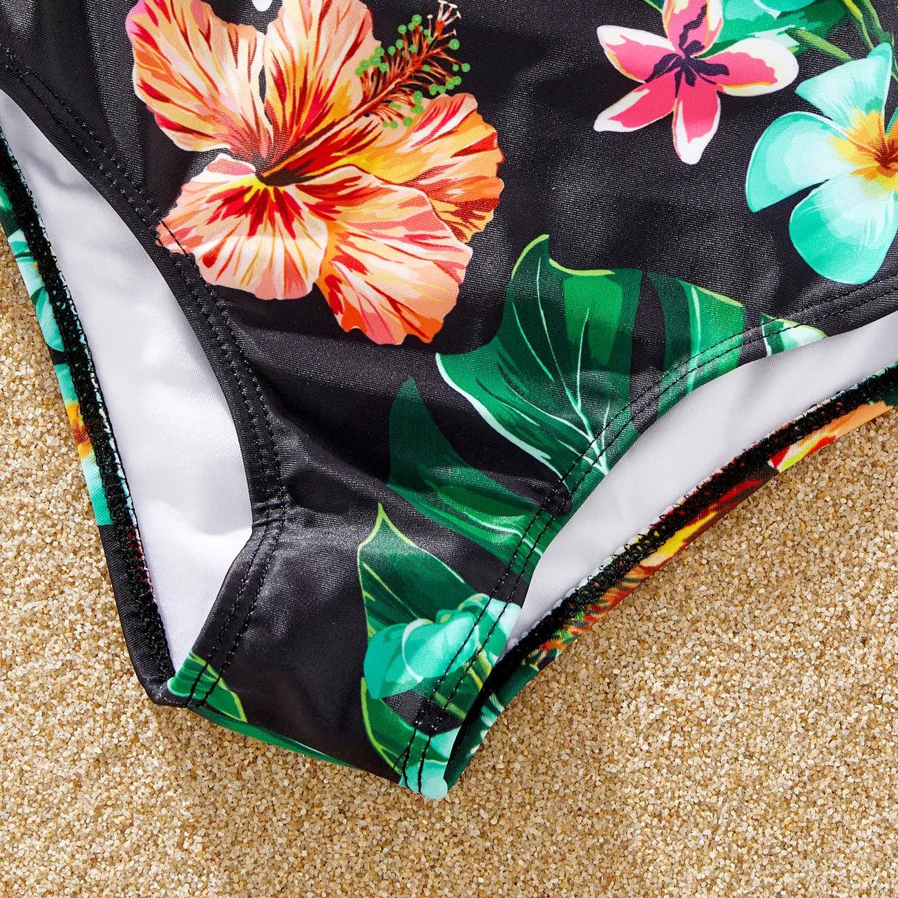 Family Matching Allover Tropical Plant Print One-piece Swimsuit and Swim Trunks Black big image 1
