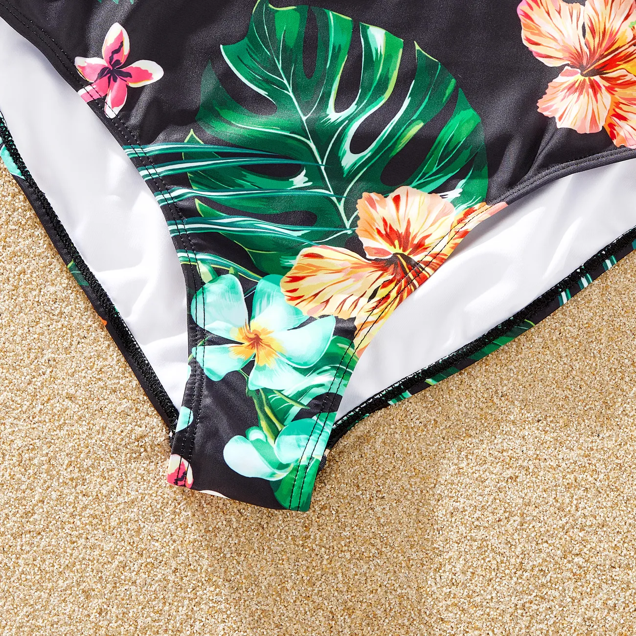 Family Matching Allover Tropical Plant Print One-piece Swimsuit and Swim Trunks Black big image 1