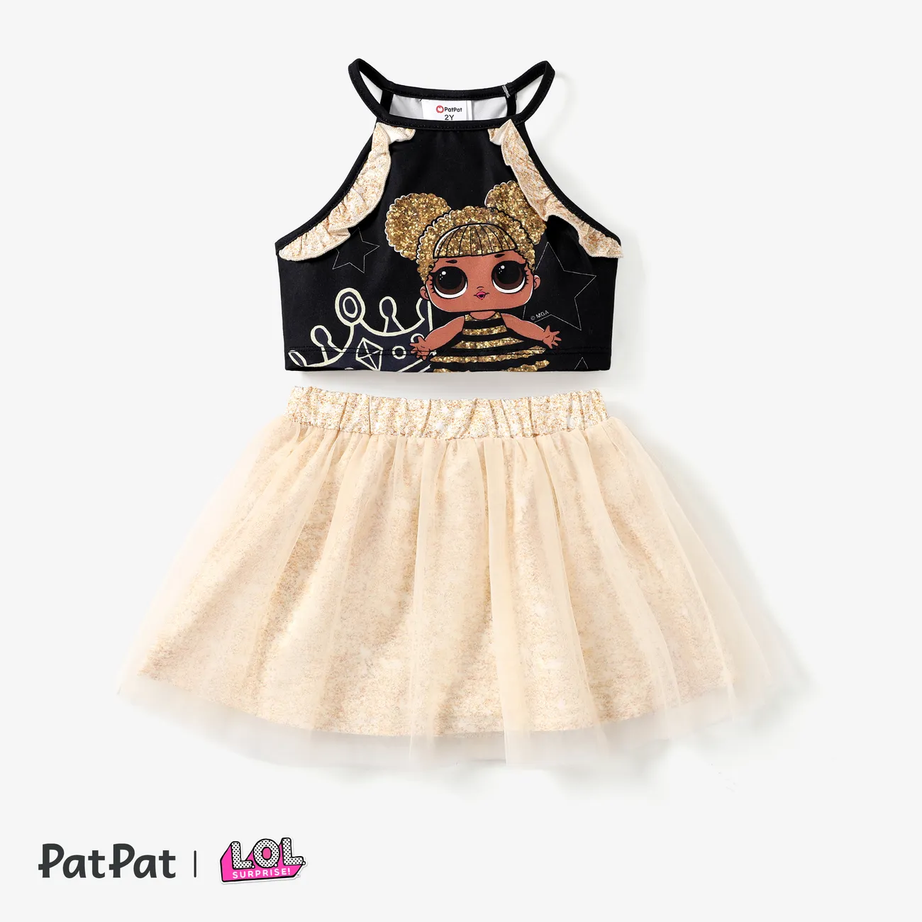 LOL Surprise 2pcs Toddler Girls Character Print Top with Mesh Skirt Set

 Gold big image 1