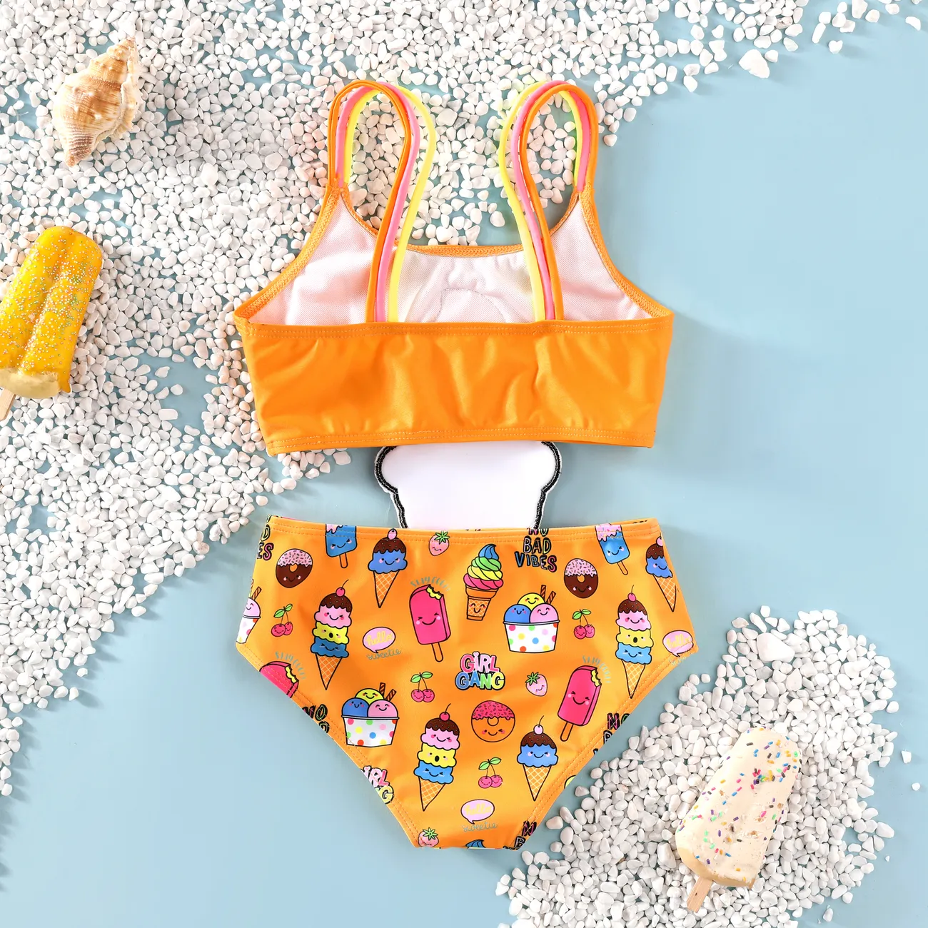Toddler Girl Hyper-Tactile 3D Print Swimsuit with Ice Cream Accent Yellow big image 1
