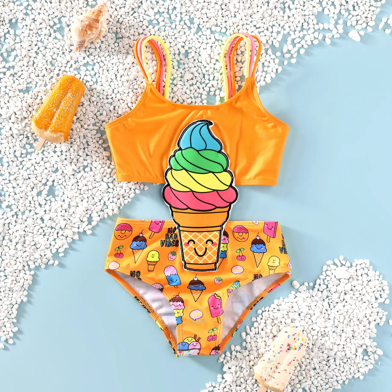 Toddler Girl Hyper-Tactile 3D Print Swimsuit with Ice Cream Accent Yellow big image 1