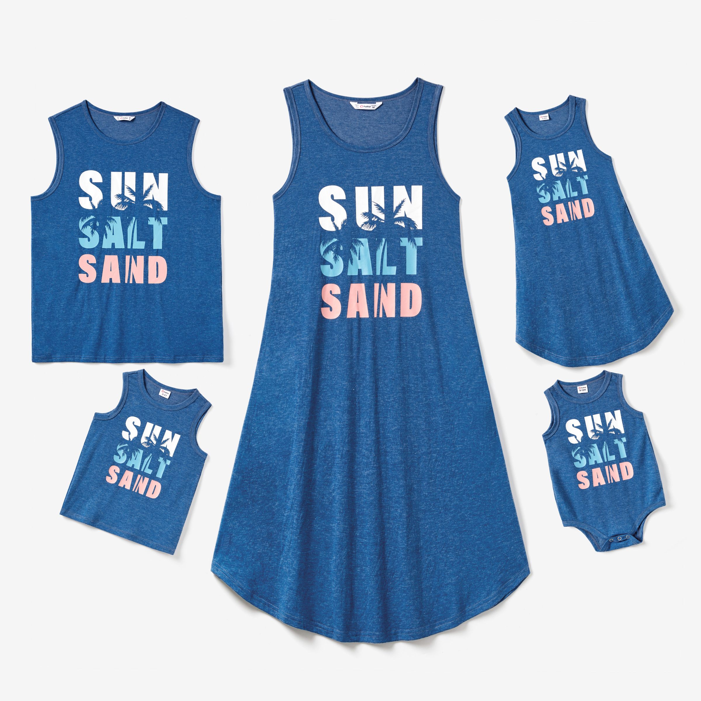 家庭配套藍色沙灘背心和飄逸的 A 字背心連衣裙，帶口袋套裝