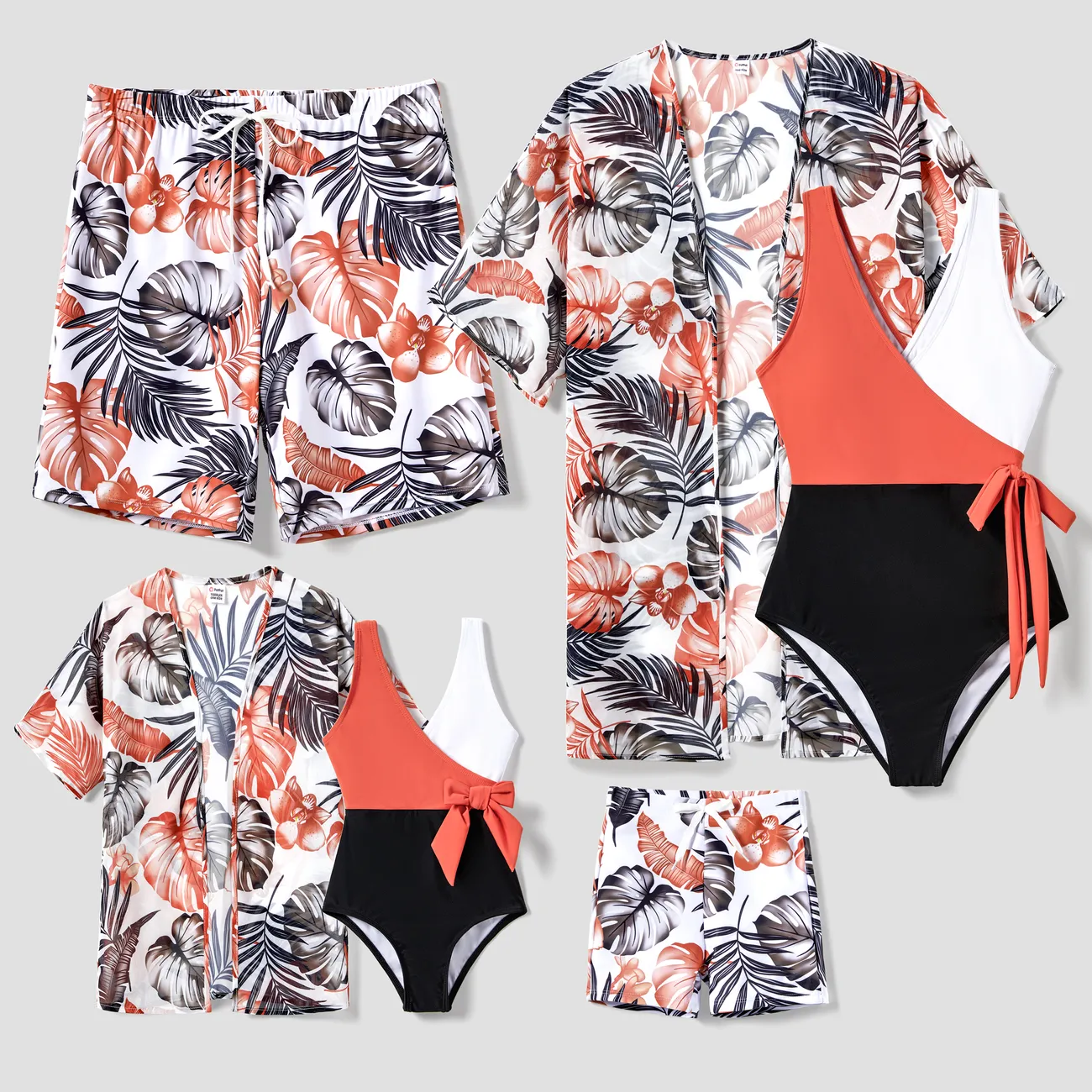 Family Matching Floral Drawstring Swim Trunks or Color Block Wrap Side Swimsuit with Optional Swim Cover Up orangered big image 1