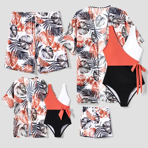 Family Matching Floral Drawstring Swim Trunks or Color Block Wrap Side Swimsuit with Optional Swim Cover Up