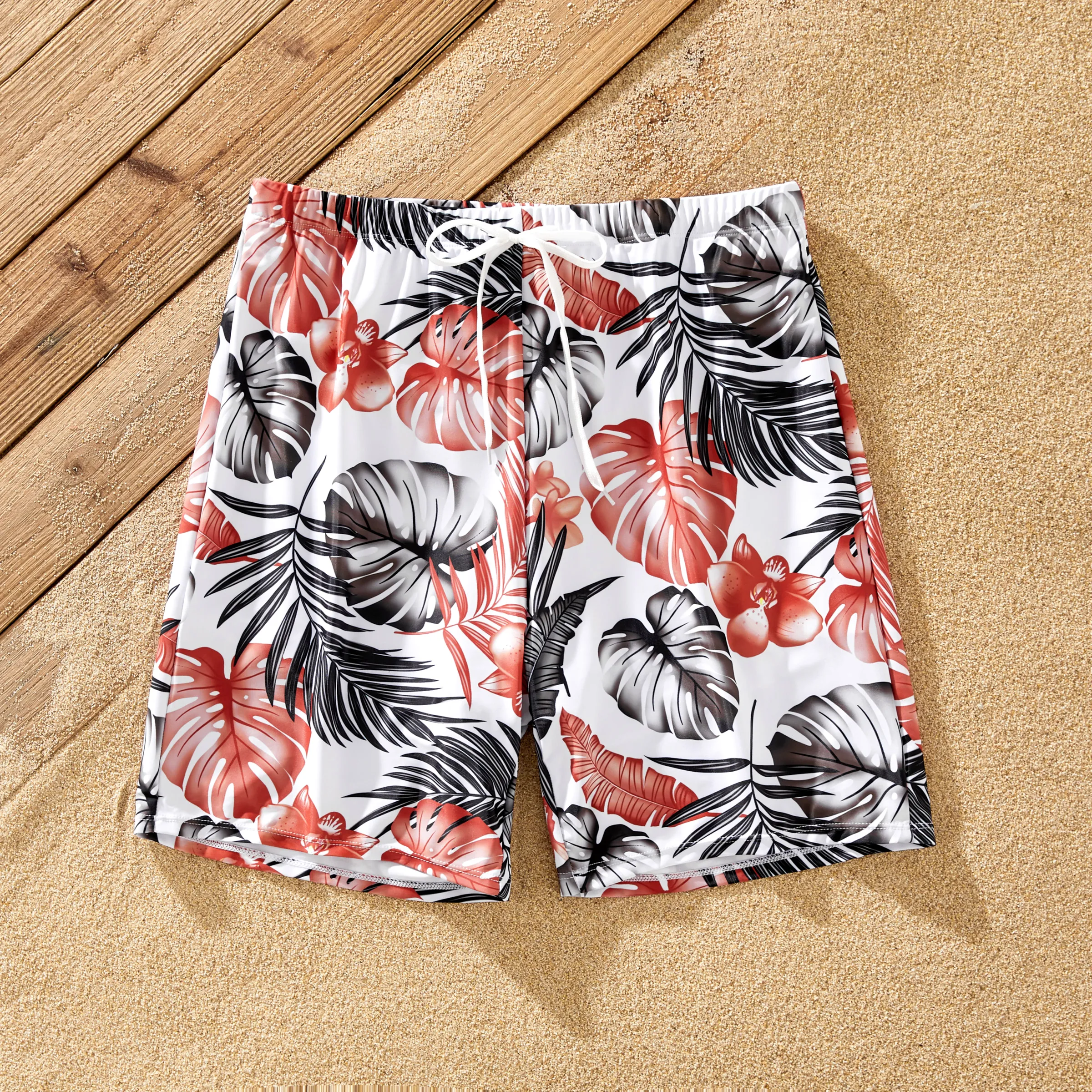 Family Matching Floral Drawstring Swim Trunks or Color Block Wrap Side Swimsuit with Optional Swim C