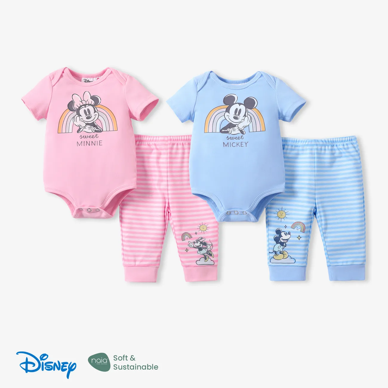 Disney Mickey and Friends 2pcs Baby Boys/Girls Naia™ Character Print Rainbow Romper with Striped Pant Set
 Pink big image 1