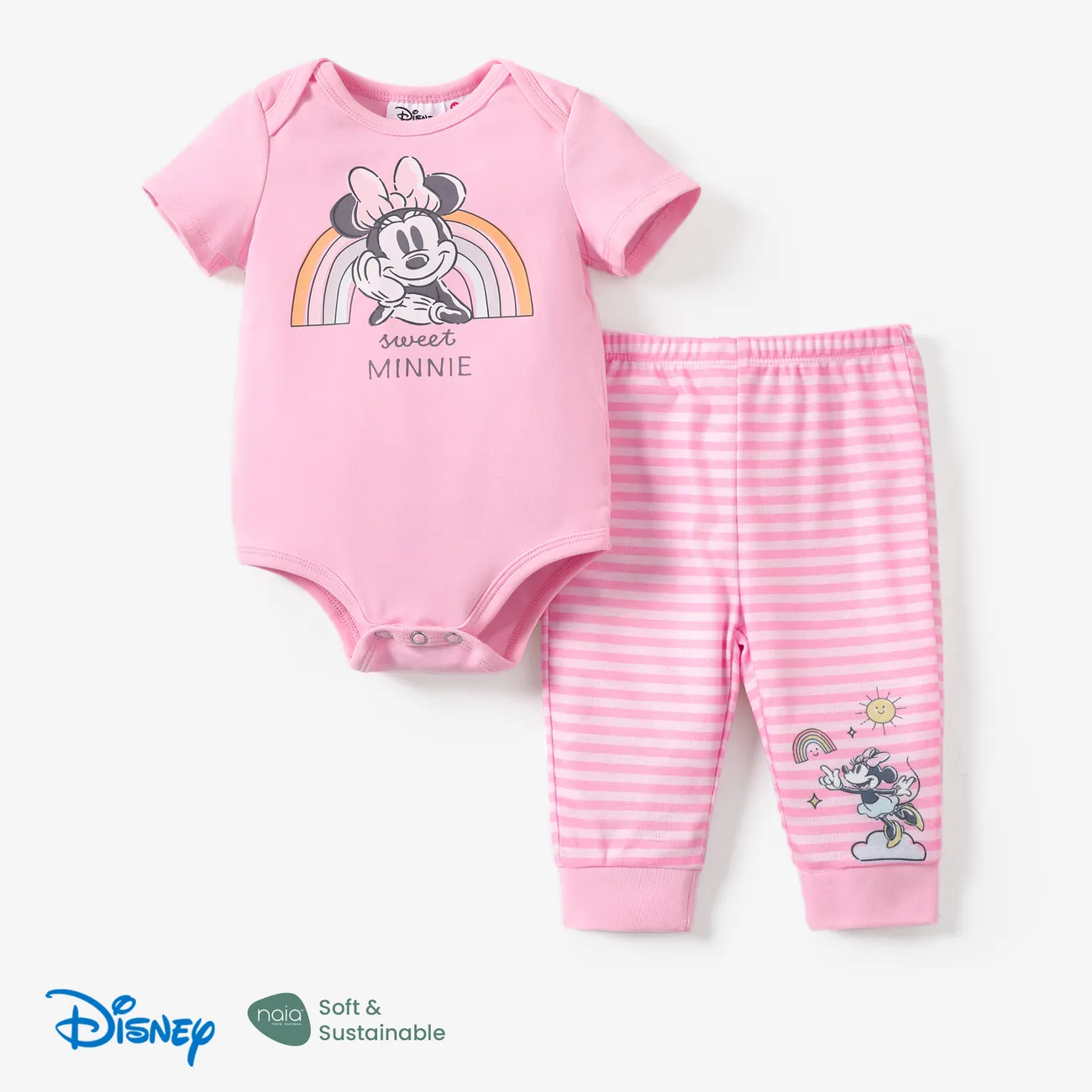 Disney Mickey and Friends 2pcs Baby Boys/Girls Naia™ Character Print Rainbow Romper with Striped Pant Set
 Pink big image 1