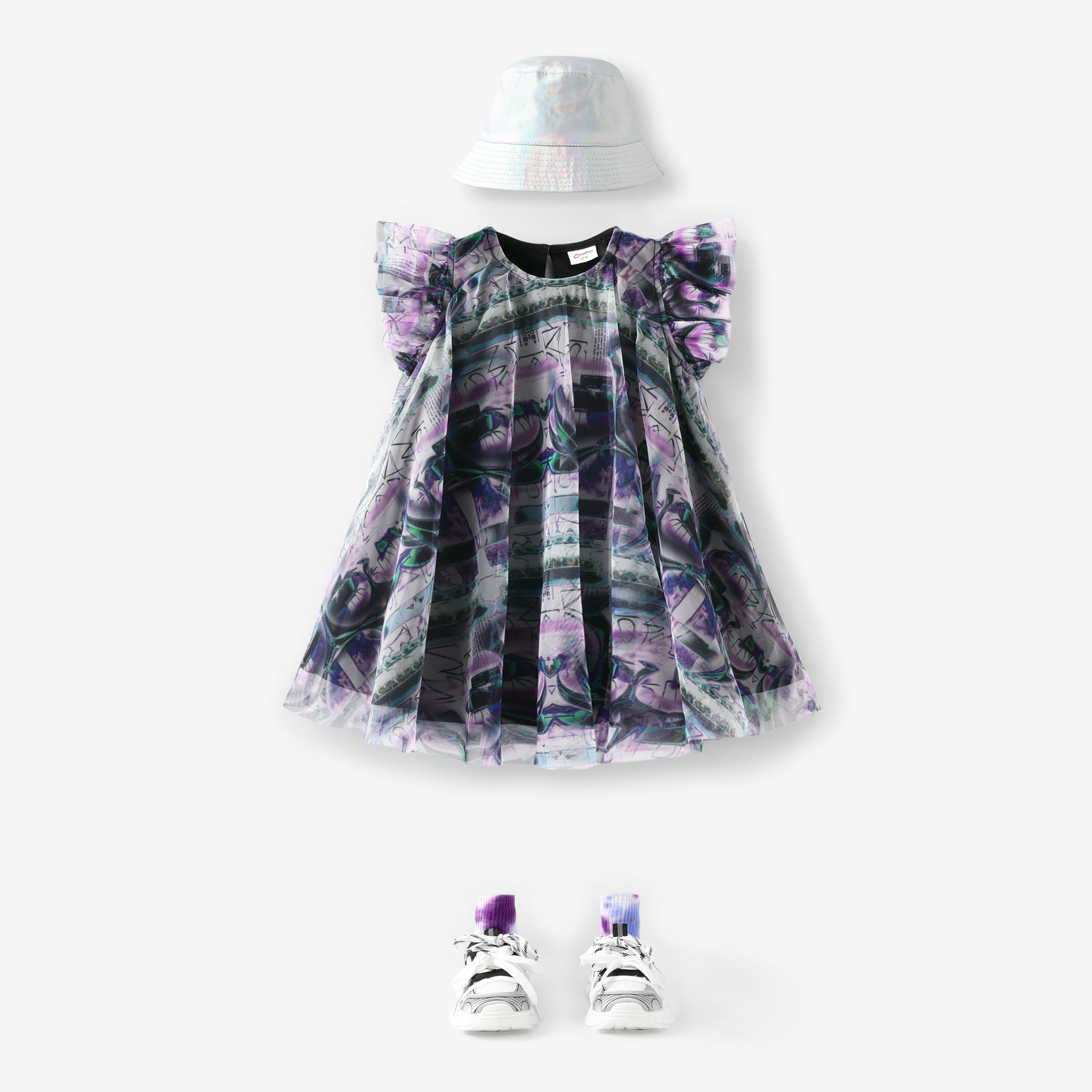 

Todler Girl Fashionable Gradient Mesh Ruffled Dress/Laser fabric Hat/ Tie-dye Socks/ Sports Shoes